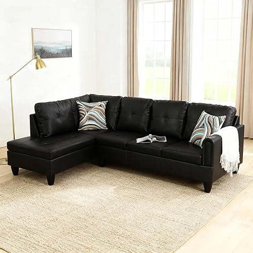 Miniatura 7 de Sofá modular en forma de L con diván, 3 piezas, sofá modular convertible para sala de estar y apartamento pequeño, piel sintética, color negro