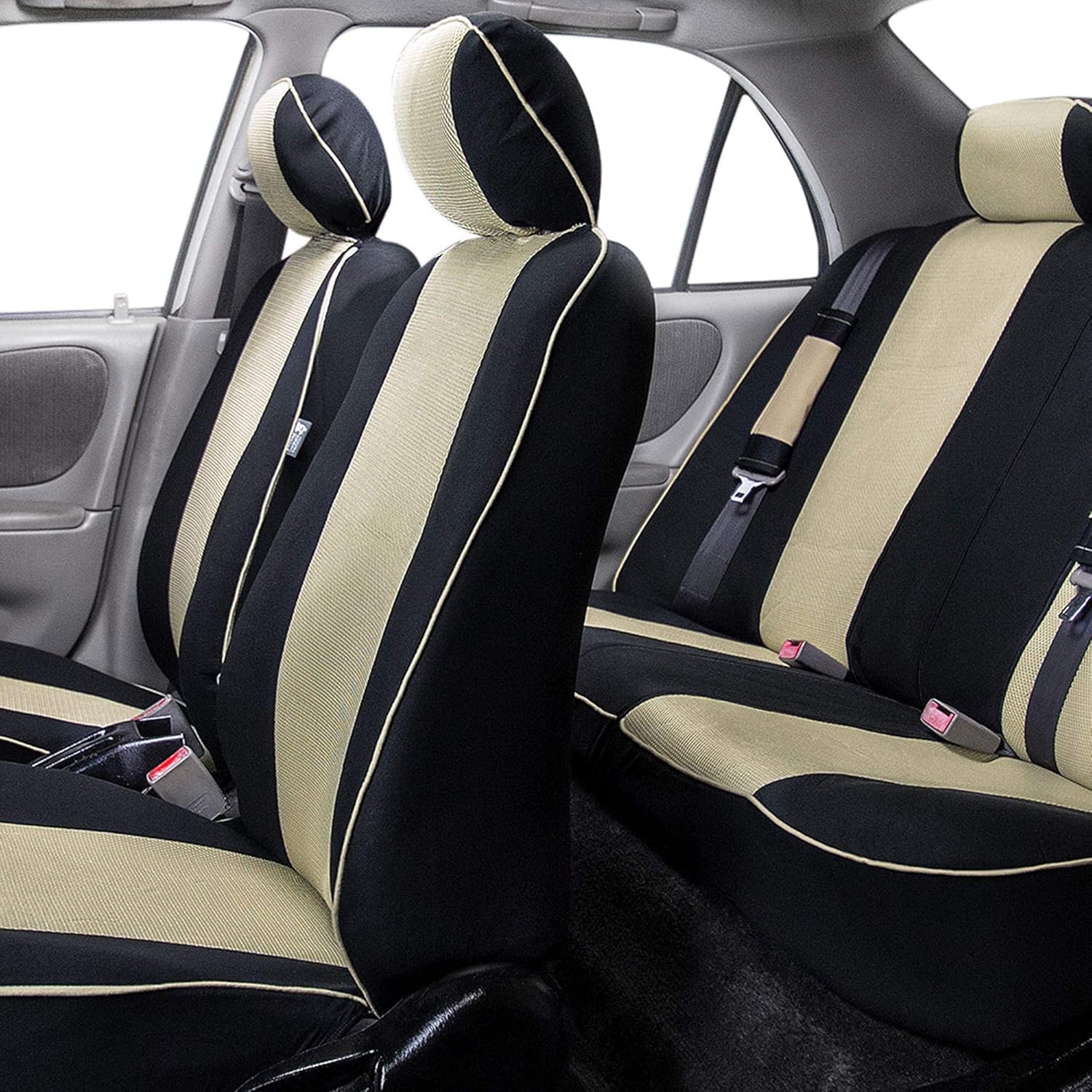 FH Group Car Seat Covers Three Row 7 Seater Cloth Car Seat Covers with Piping (Airbag and Split Ready) - Universal Fit for Cars Trucks & SUVs Beige/Black