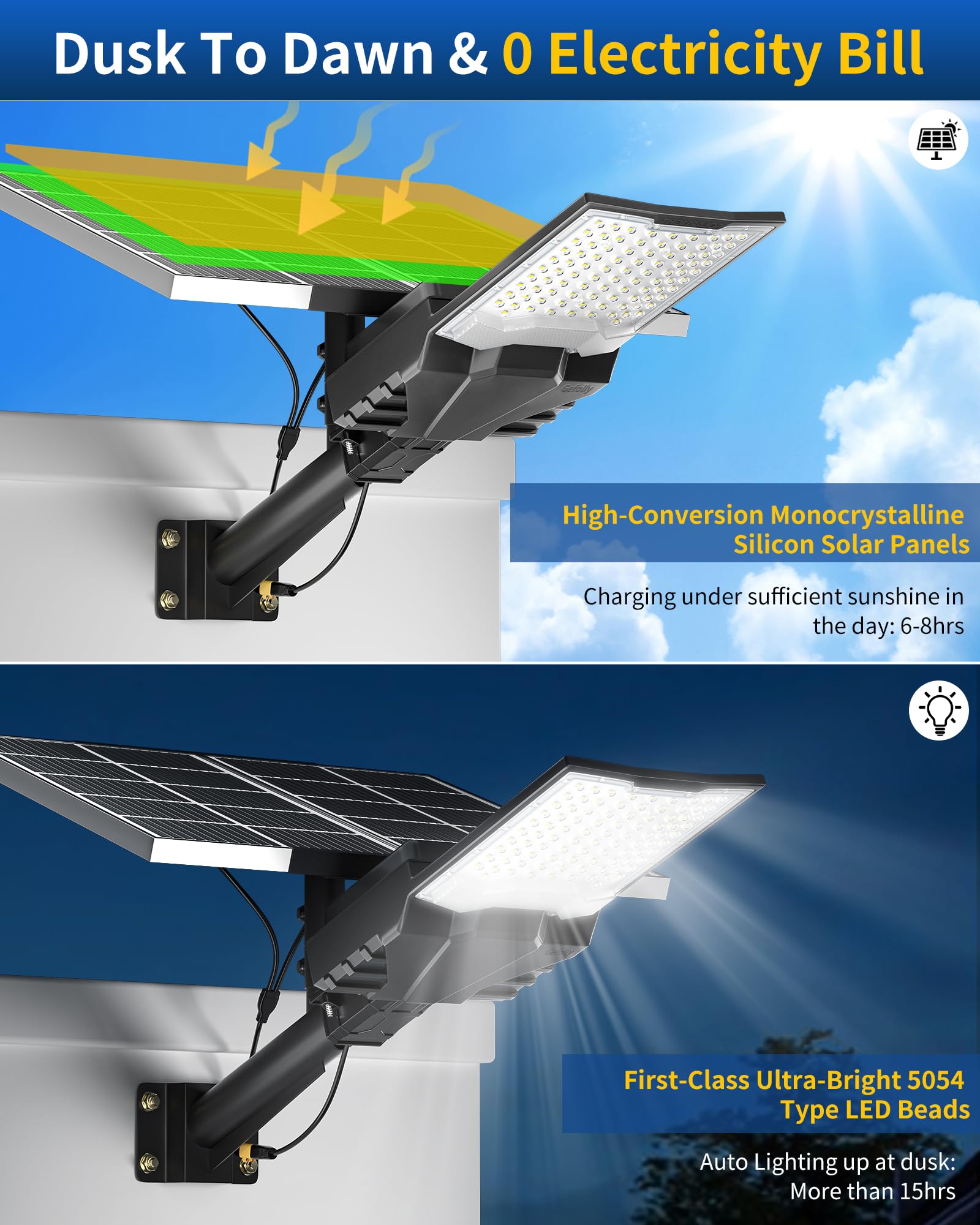 Gefolly Lampione Solare LED Esterno, Led Lampioni da esterni con Telecomando, 6500K Luz de Seguridad Jardín, IP67 Impermeabili Lampioni per Cortile, Giardino (SL-18000W)
