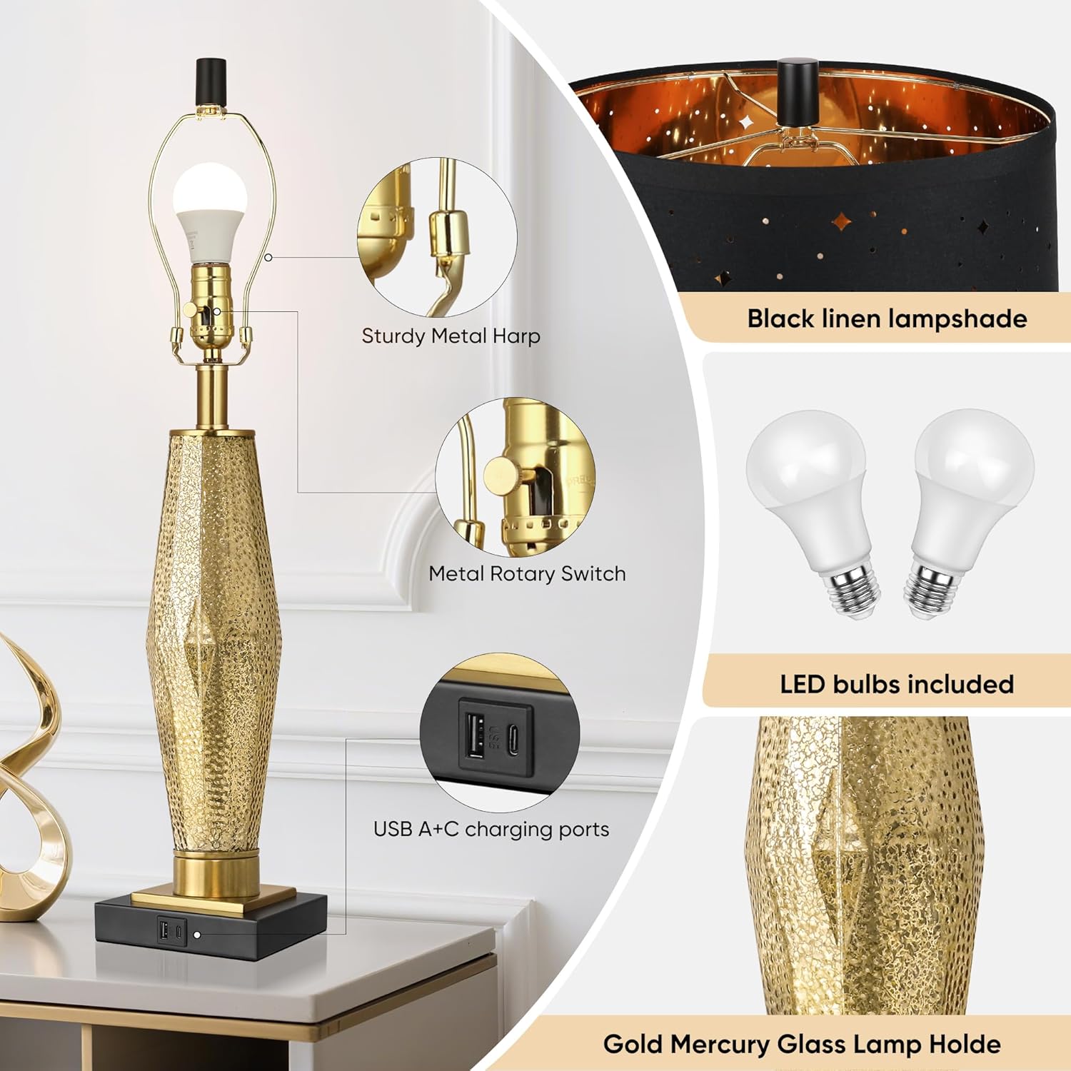 QiMH Glass Table Lamps for Bedroom Set of 2, Modern Beside Lamp with USB A+C Charging Ports, Nightstand Lamps for Living Room with Black Star Lampshade, Rotary Switches, Black Gold