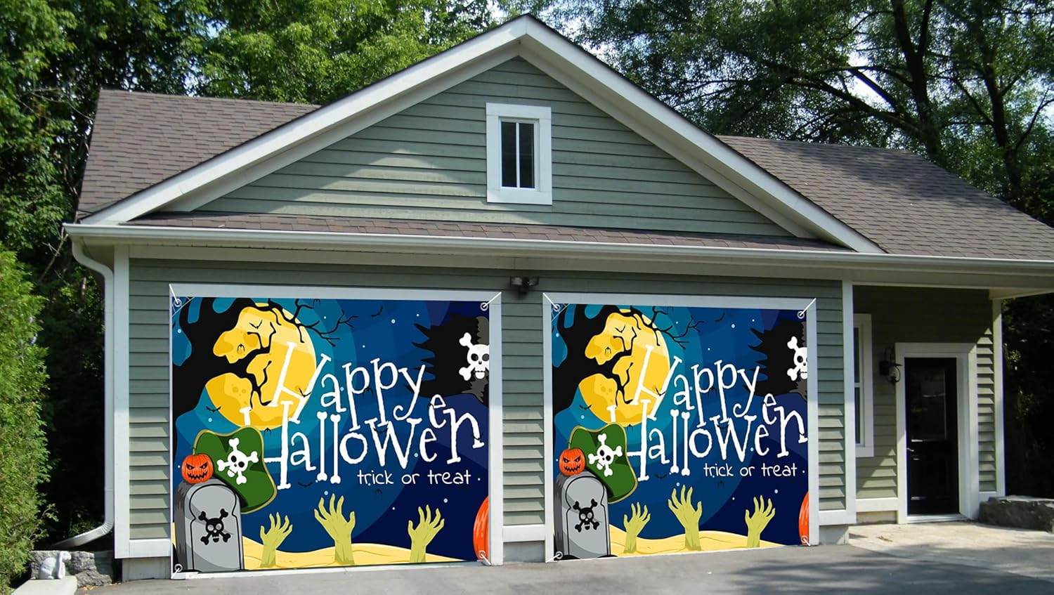 7x8ft Happy Halloween Cemetery Pirate Garage Door Decor Night Sky with Pumpkins Zombies Skull Symbols Pirate Flag Garage Door Cover Indoor Outdoor Festive Background Decor