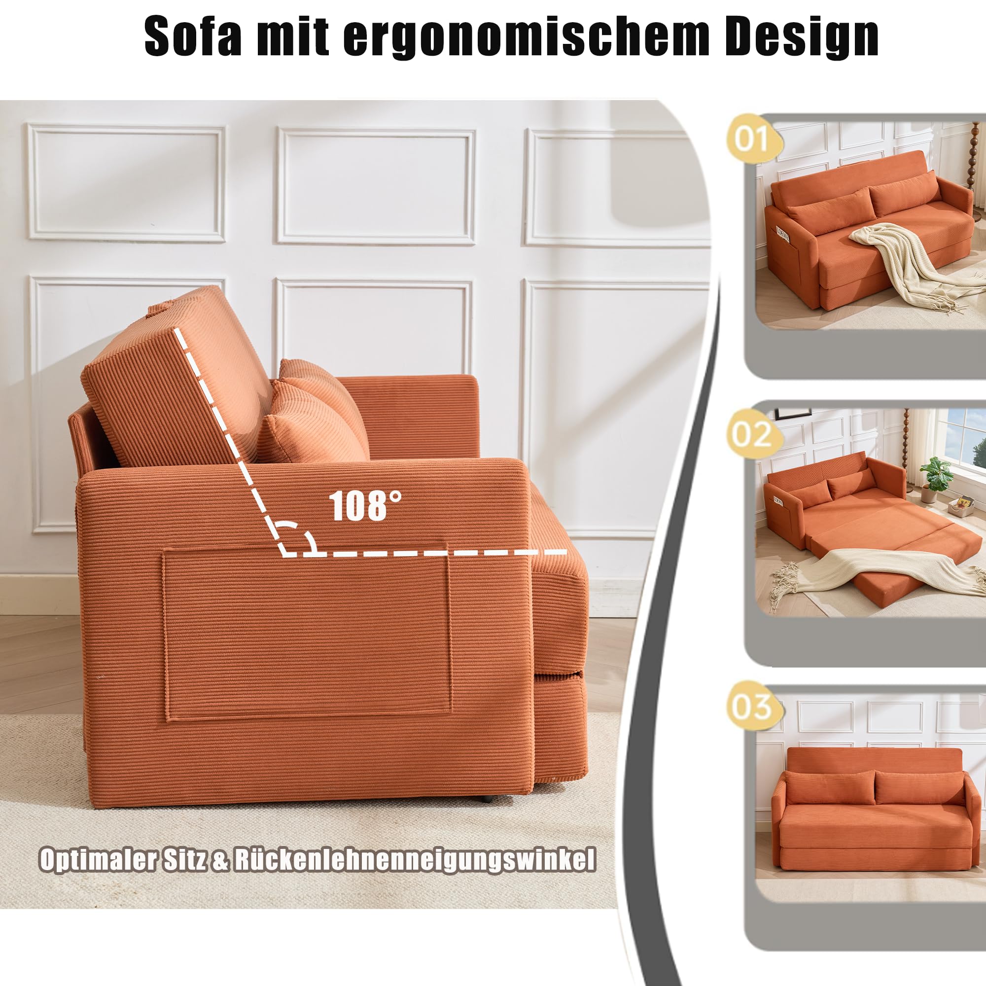Generisch 2 w 1 sztruksowa sofa składana 2-osobowa, pomarańczowa sofa z poduszką