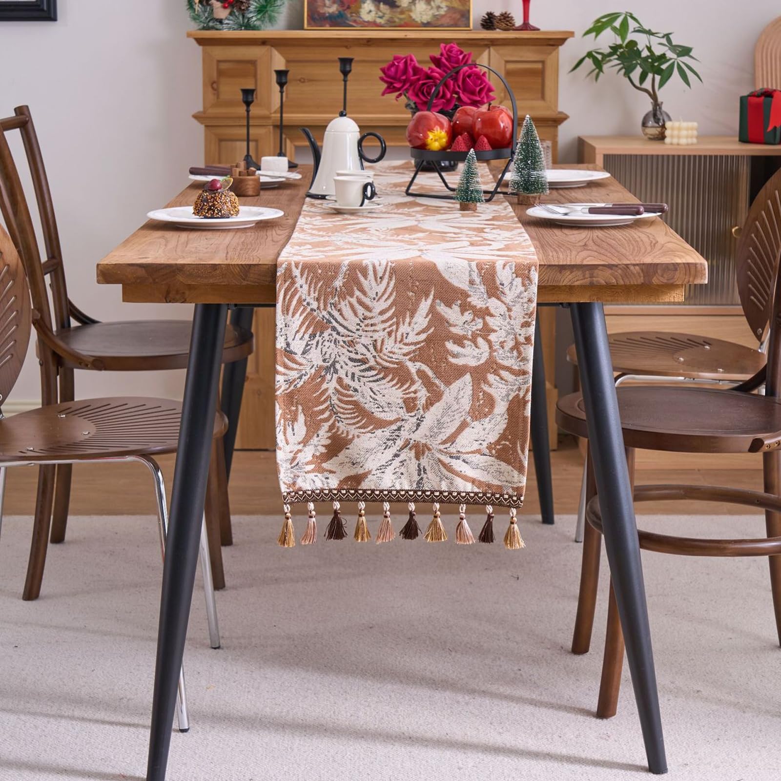 Khaki Tischläufer Polyester, Dekostoff Tischläufer Abwaschbar Tischband Jacquard Kokospalmen Muster mit Quasten Tischdecke für Küche Esstisch Hochzeit Dekor, 33x400 cm, Khaki
