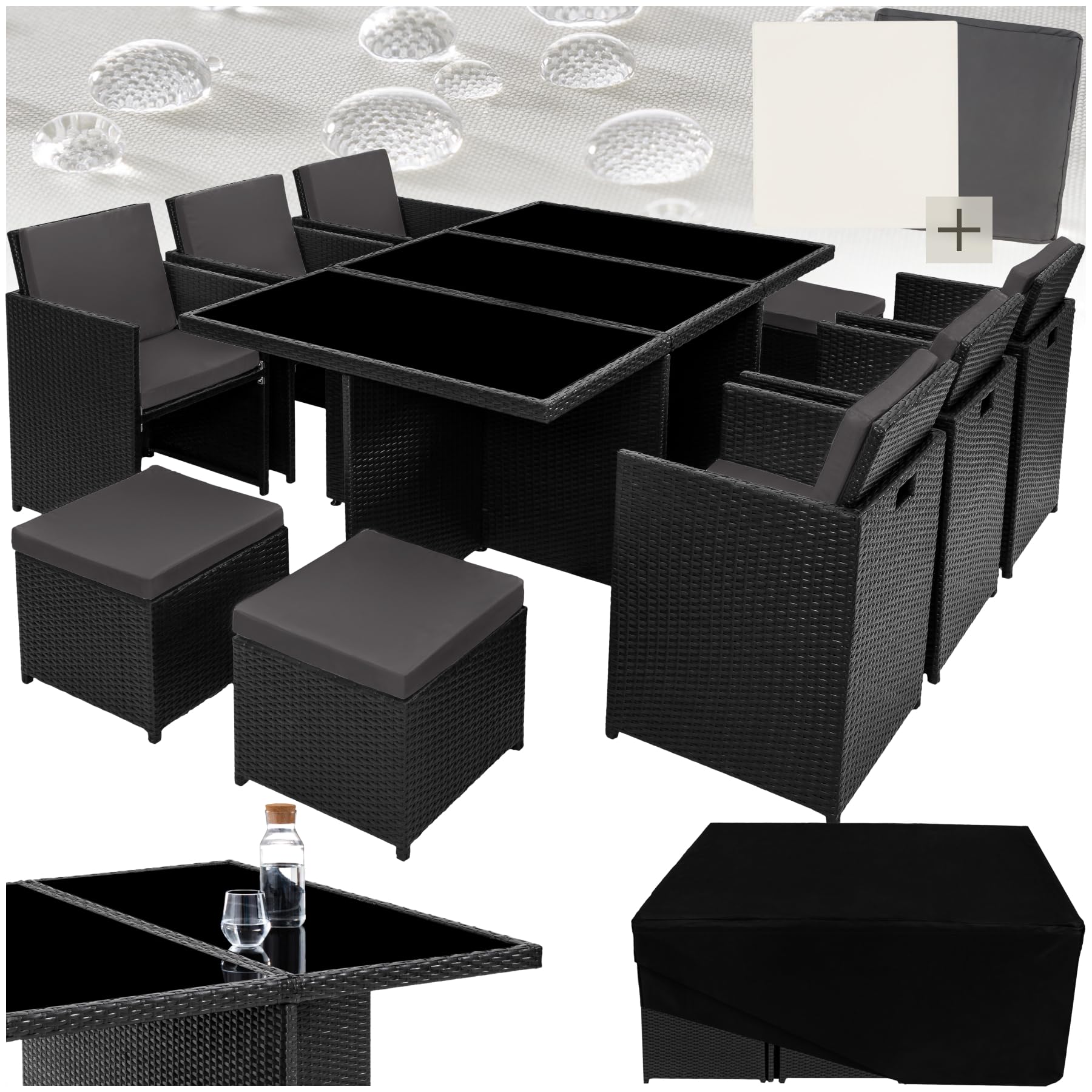 tectake® Conjunto Jardín Exterior de Ratán y Aluminio, Muebles Jardín Exterior Resistentes a la Intemperie, para hasta 10 Personas, con 2 Juegos de Fundas y Funda Protectora - Negro