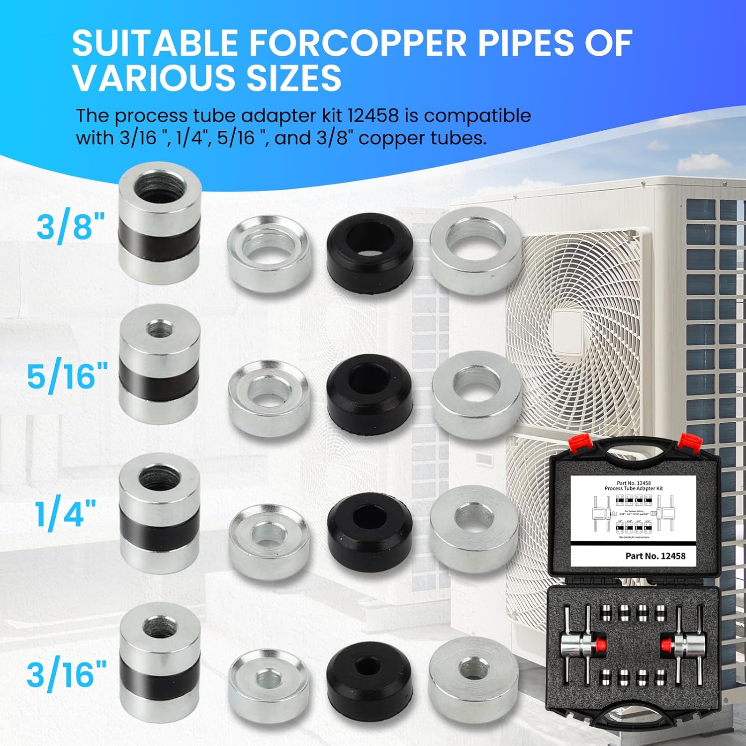 12458 HVAC Process Tube Adapter Kit for 3/16", 1/4", 5/16", 3/8" Copper Tubing, Leak-Free Charging Line Connector, A/C Refrigeration Service Tool with Storage Case