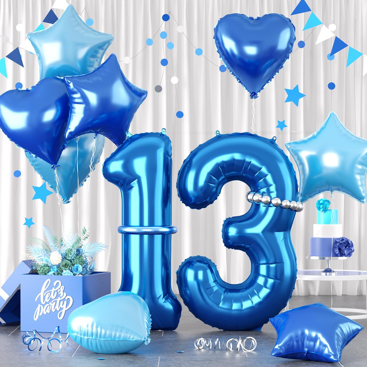 Number 13 Balloon Set With Green Star - Birthday Party Decor, Foil Number Balloon With Star Accent