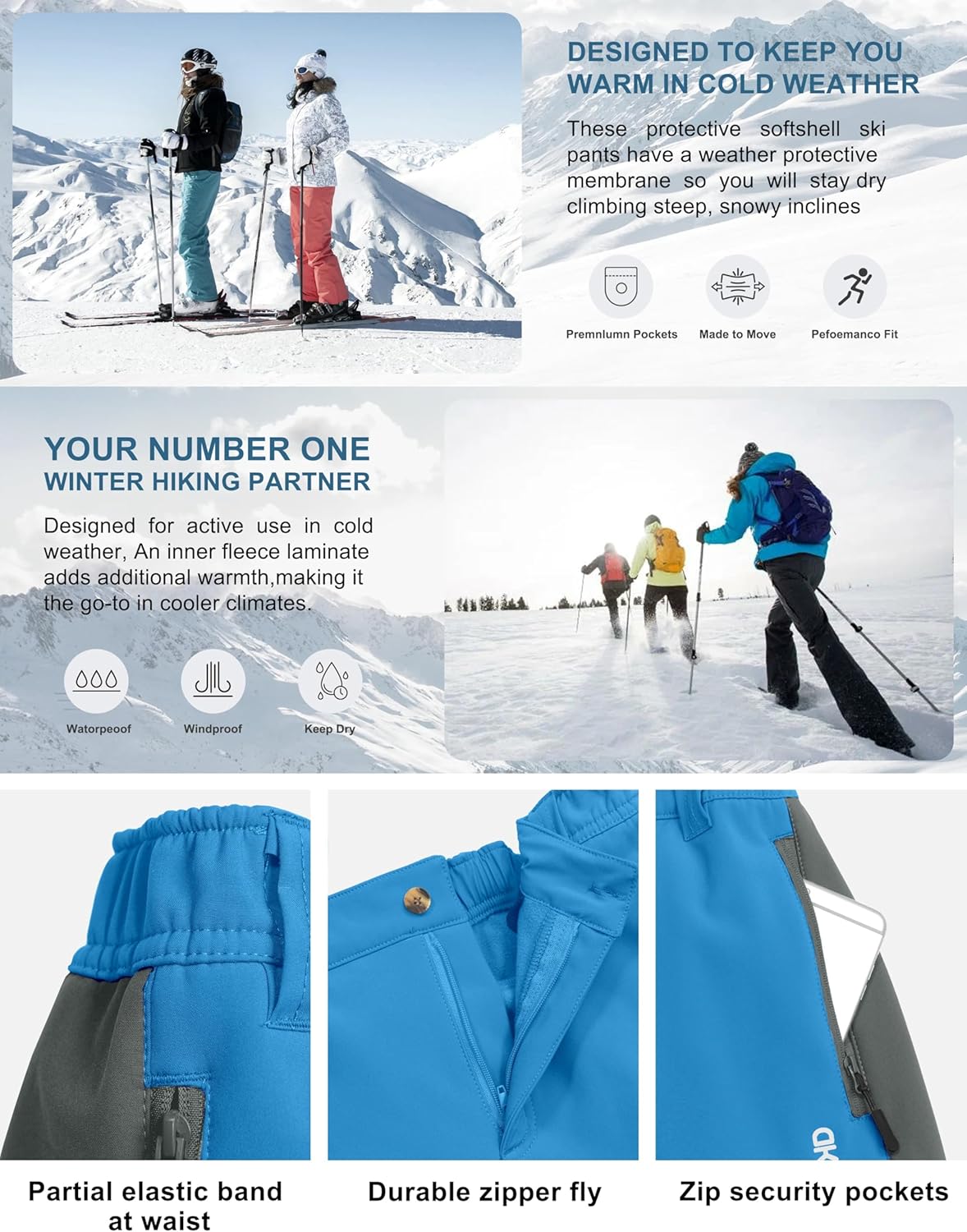 Mapamyumco Women's Fleece Lined Waterproof Snow Ski Pants Winter Warm Hiking Softshell Pants