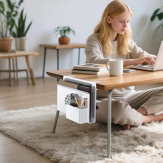 Soporte metálico para laptop, organizador bajo escritorio, blanco miniatura 2