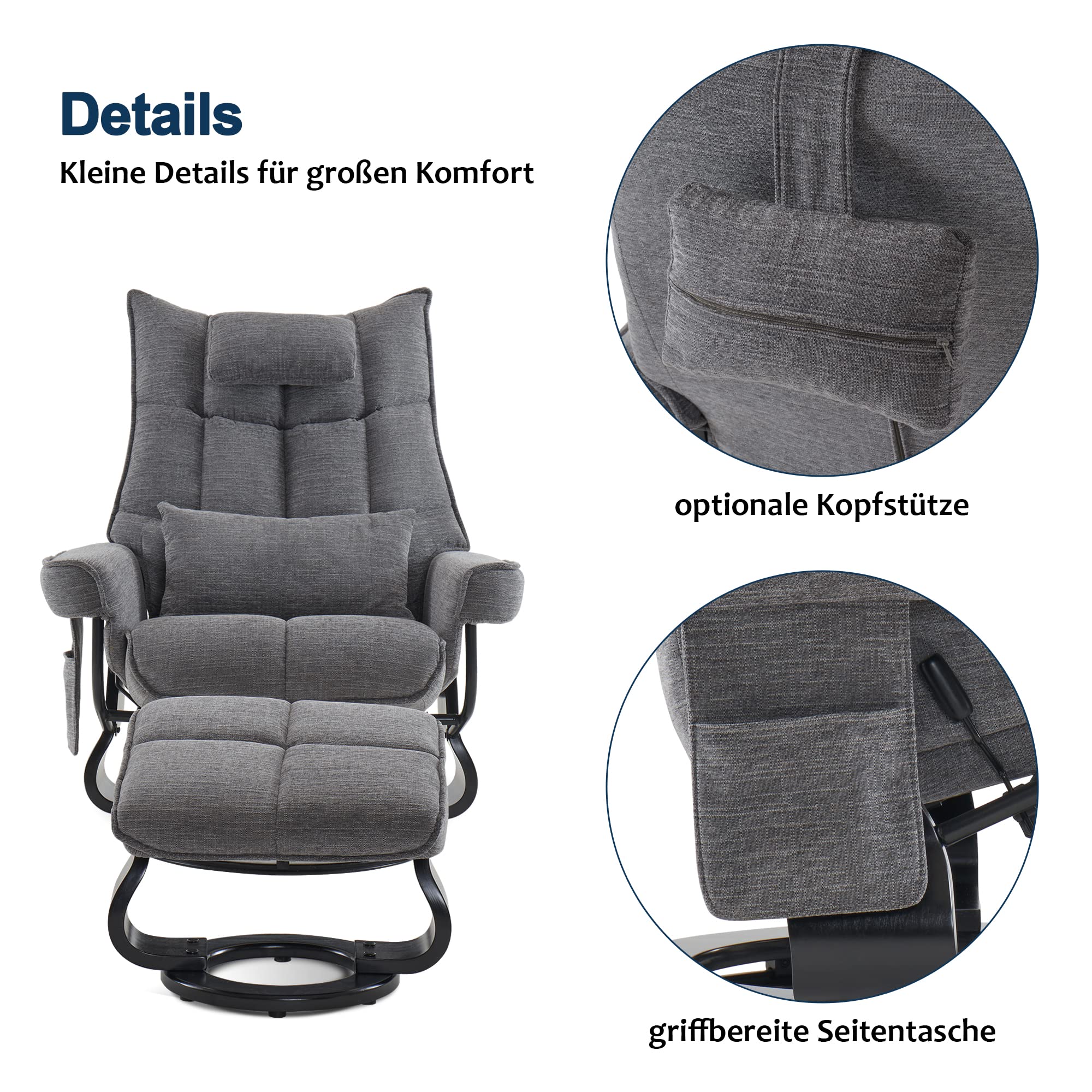 M MCombo Relaxsessel mit Hocker, Drehbare Fernsehsessel mit Liegefunktion, Moderner TV-Sessel Stuhl für Wohnzimmer, mit Kissen & Seitentasche, Stoff, 9076 (Grau)