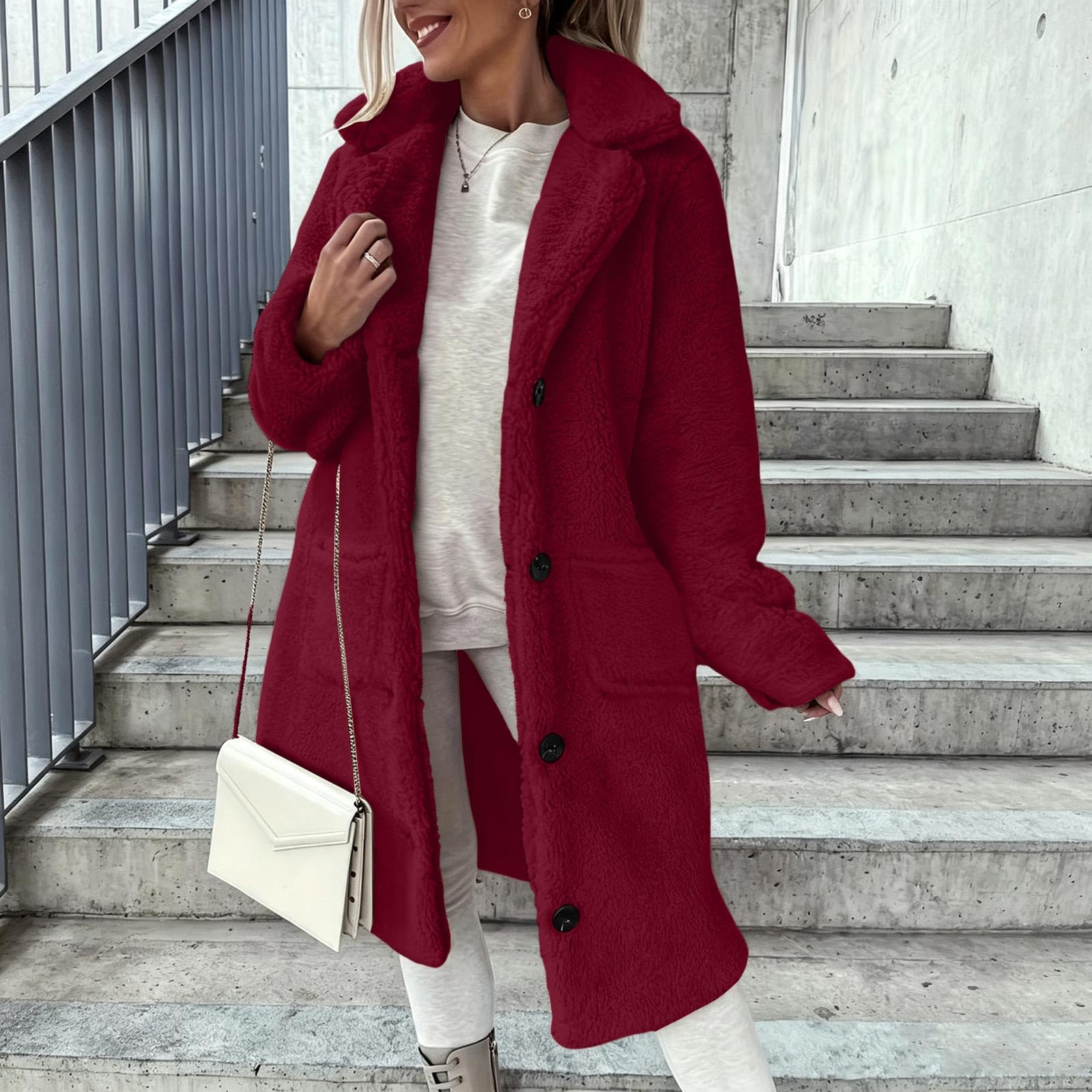 Generisch Damen Teddyjacke Lang Mantel Fleecejacke Trenchcoat Outdoorjacke