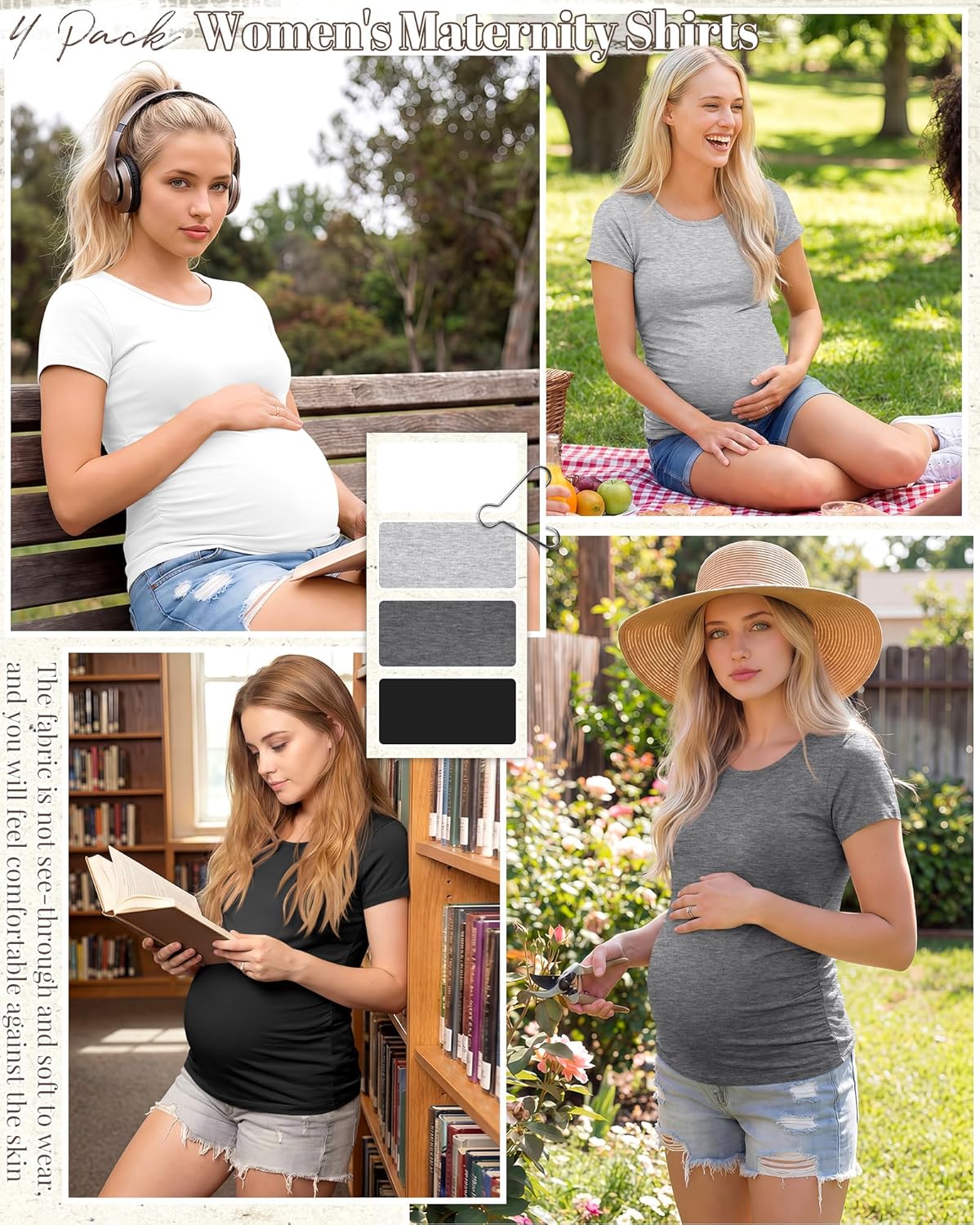 Huukeay 4 Pack Women's Maternity Shirts Scoop Neck Maternity Top Short Sleeve Casual Tee Side Ruched Pregnancy Clothes