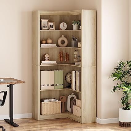 GarveeHome Corner Bookshelf, 71.8'' Farmhouse Corner Bookcase, L-Shaped Bookshelf Large Bookcase, 5 Tier Display Shelf Heavy Duty Bookcases, Bookshelves with Storage (Light Wood)