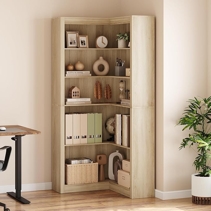 GarveeHome Corner Bookshelf, 71.8'' Farmhouse Corner Bookcase, L-Shaped Bookshelf Large Bookcase, 5 Tier Display Shelf Heavy Duty Bookcases, Bookshelves with Storage (Light Wood)
