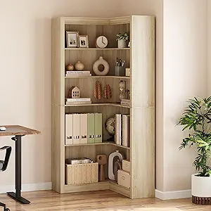 GarveeHome Corner Bookshelf, 71.8'' Farmhouse Corner Bookcase, L-Shaped Bookshelf Large Bookcase, 5 Tier Display Shelf Heavy Duty Bookcases, Bookshelves with Storage (Light Wood)