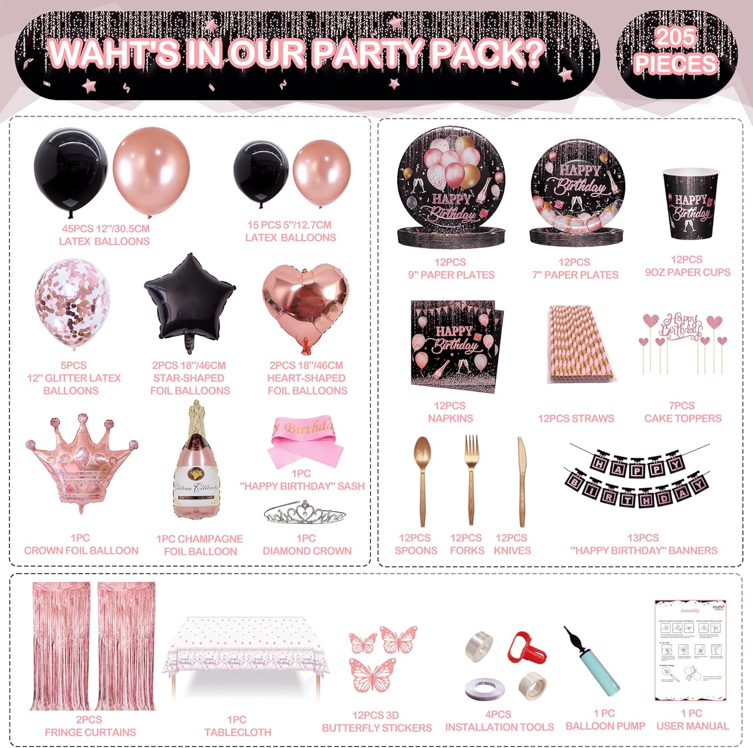 Party Spot! Black Pink Birthday Decorations For Women ,Rose Gold and Black Party Decorations Kit,Happy Birthday Supplies Set-Tableware Pack, Balloon Pump, Banner, Fringe Curtain For 12 Guest - Image 3