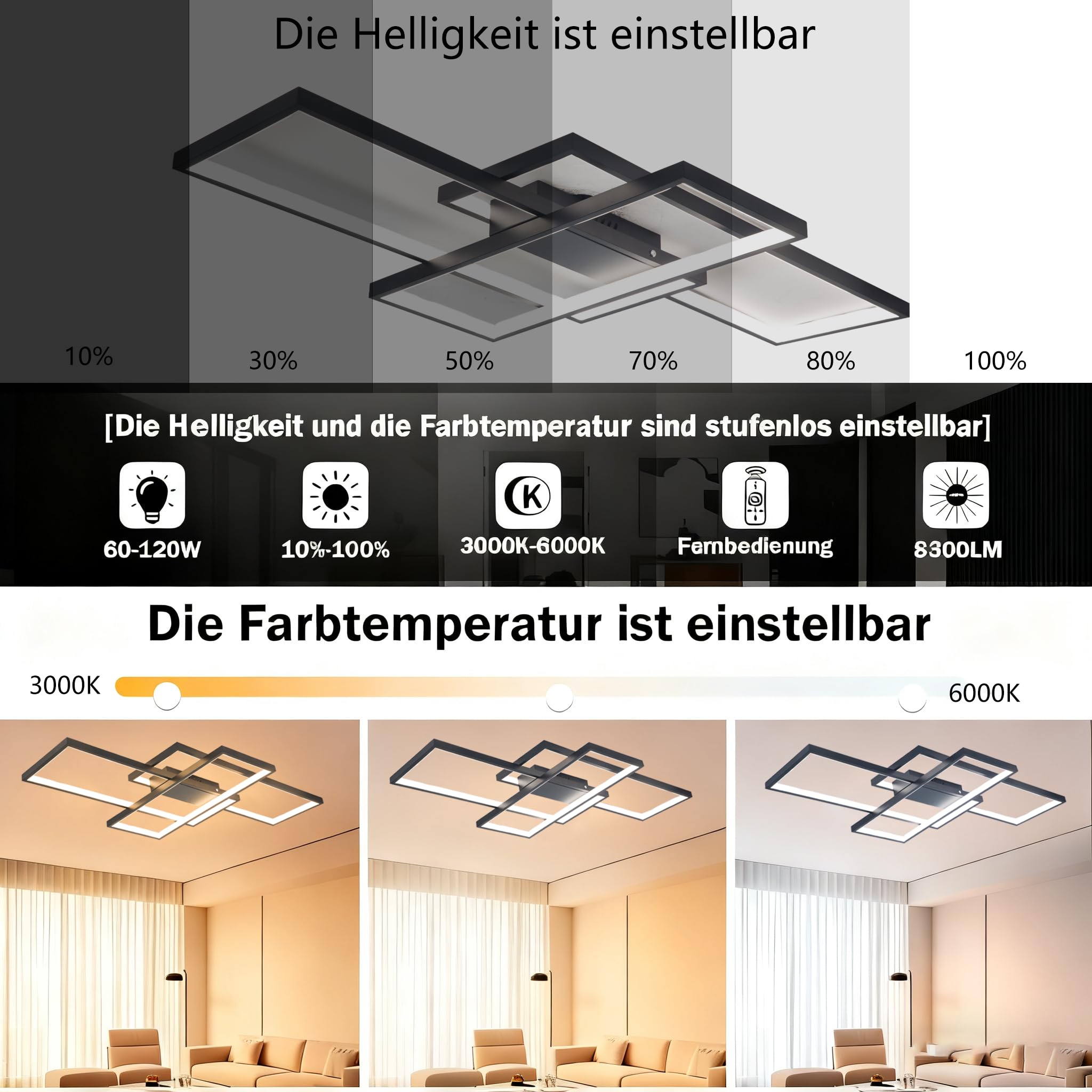 LED Deckenleuchte Modern Design Deckenlampe Wohnzimmer, 65W Dimmbar WohnzimmerLampe Decke Mit Fernbedienung, Rechteckig Deckenleuchte Schwarz Für Schlafzimmer Küche Wohnzimmer Beleuchtung, 80cm
