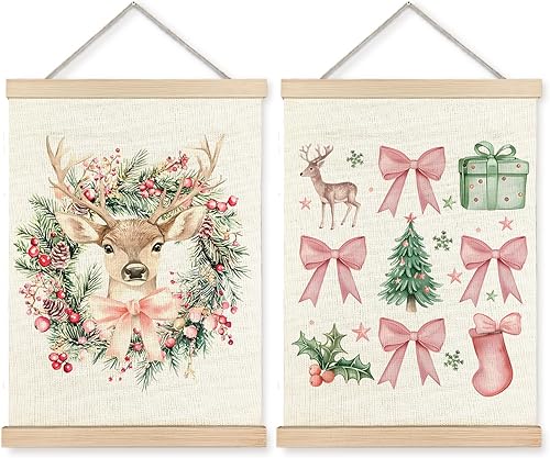 KAOWT Póster colgante de reno de Navidad con lazo rosa coquette, bonita decoración de Navidad, decoración de pared retro festiva, árbol de Navidad,