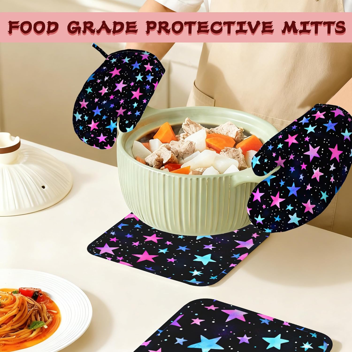 Blue Pink Stars Heat-Resistant Silicone Oven Mitts and Pot Holder 4 Piece Set,Non-Slip Kitchen Oven Gloves for Baking, BBQ, Cooking,Grilling