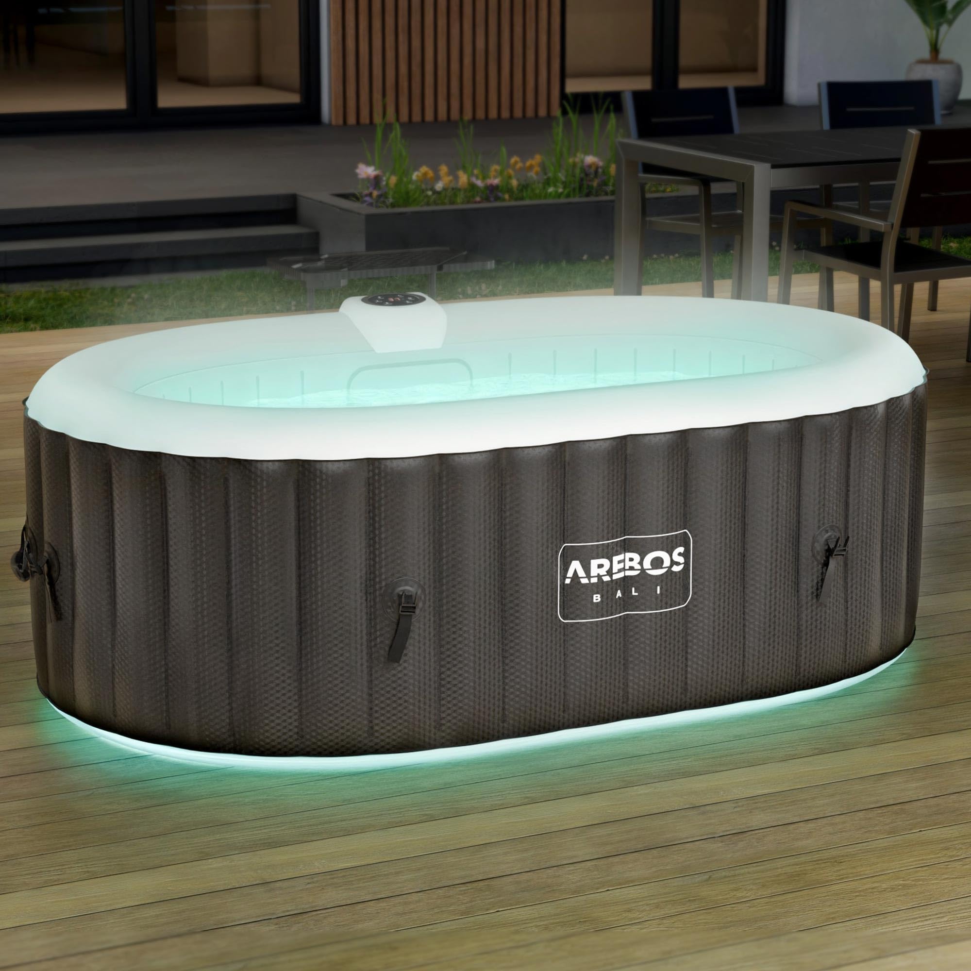 Arebos Whirlpool mit LED Beleuchtung | Aufblasbar | In- & Outdoor | 190x120 cm oval | 2 Personen | 90 Massagedüsen | mit Heizung | 550 Liter | Inkl. Abdeckung | Bubble Spa & Wellness Massage