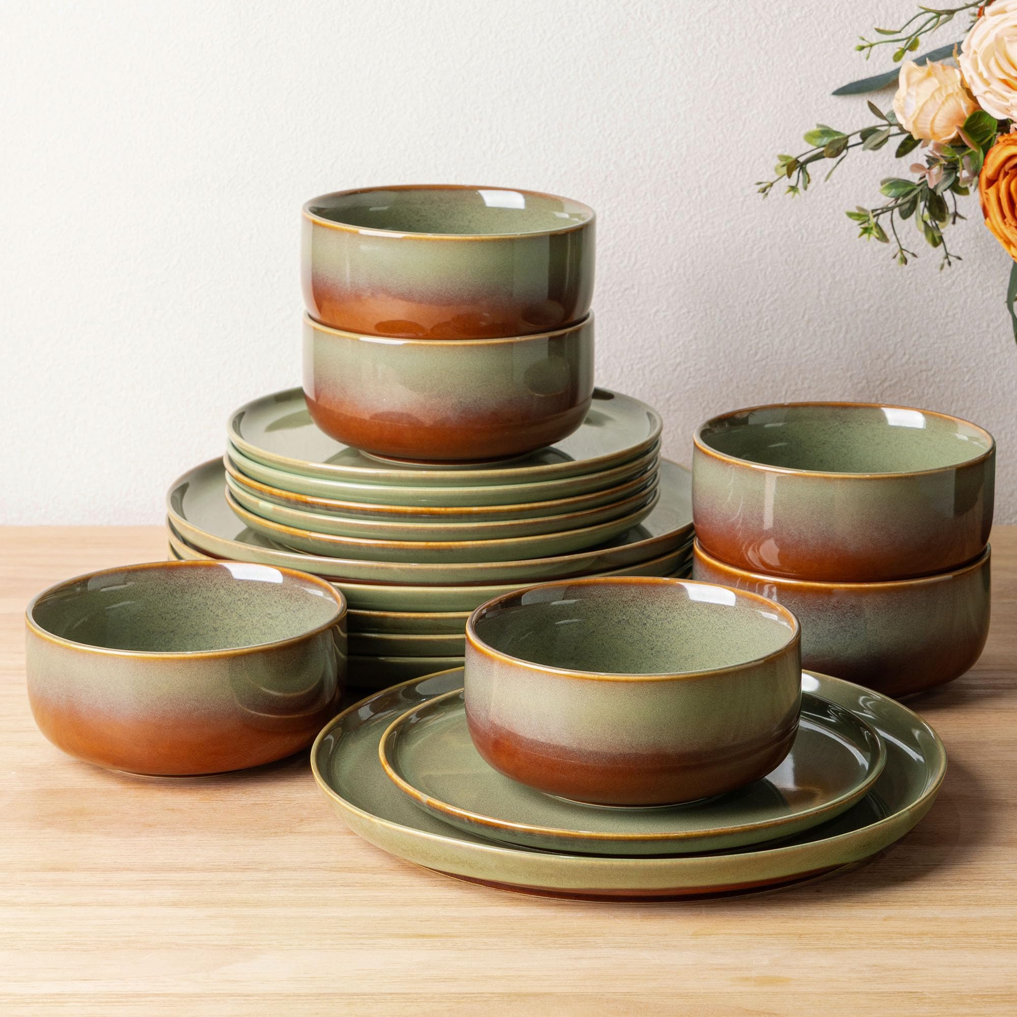 Ceramic Dinnerware Set for 6, 18-Piece Plates and Bowls Set | Handmade Reactive Glaze Dish Set, Scratch Resistant, Oven &amp; Microwave &amp; Dishwasher Safe, Sage Umber