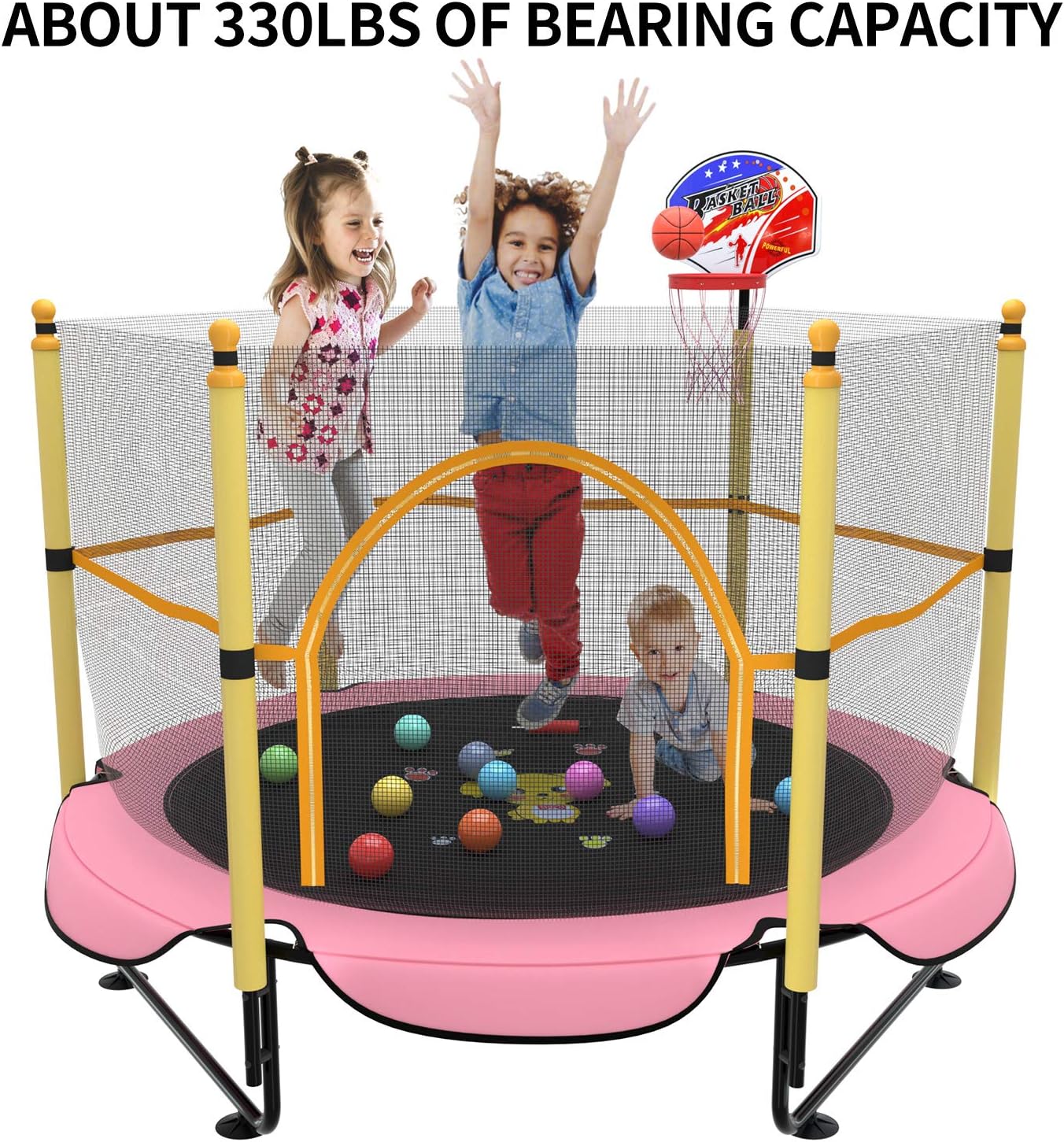 5FT Trampoline for Kids Toddler Indoor Trampoline with Safety Enclosure Net, Mini Basketball Hoop, Jumping Mat for Home Entertainment Equipment Outdoor Backyard Games