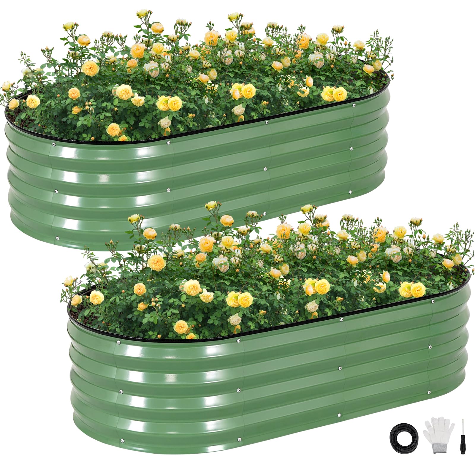 STBoo Galvanized Raised Garden Bed Outdoor, 2Pcs 120x60x30CM Oval Planter Box with Rubber Strip, Metal Raised Bed Kit for Vegetables Flowers Herbs, Olive Green