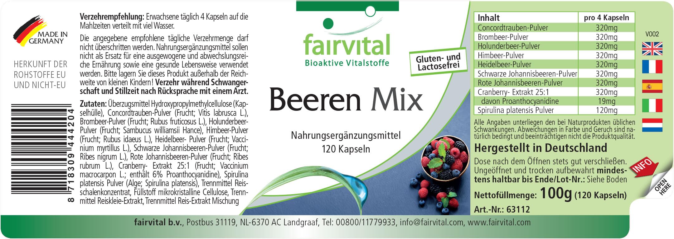 fairvital Beeren Mix, 120 Kapseln, Antioxidantien Kapseln, HOCHDOSIERT, VEGAN, 8 Beeren mit Spirulina
