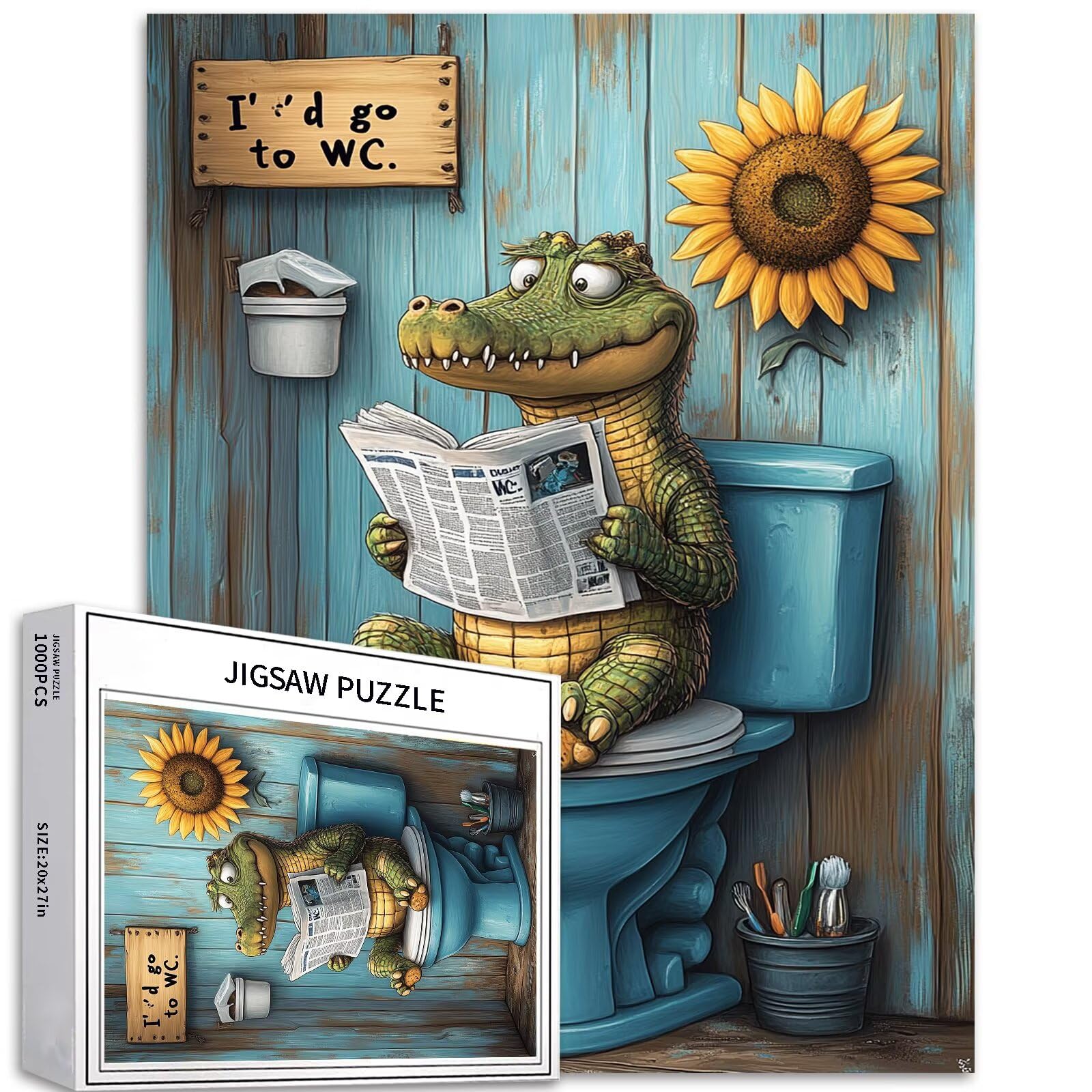 Alligator sitzt auf dem Toilettensitz und liest die Zeitung