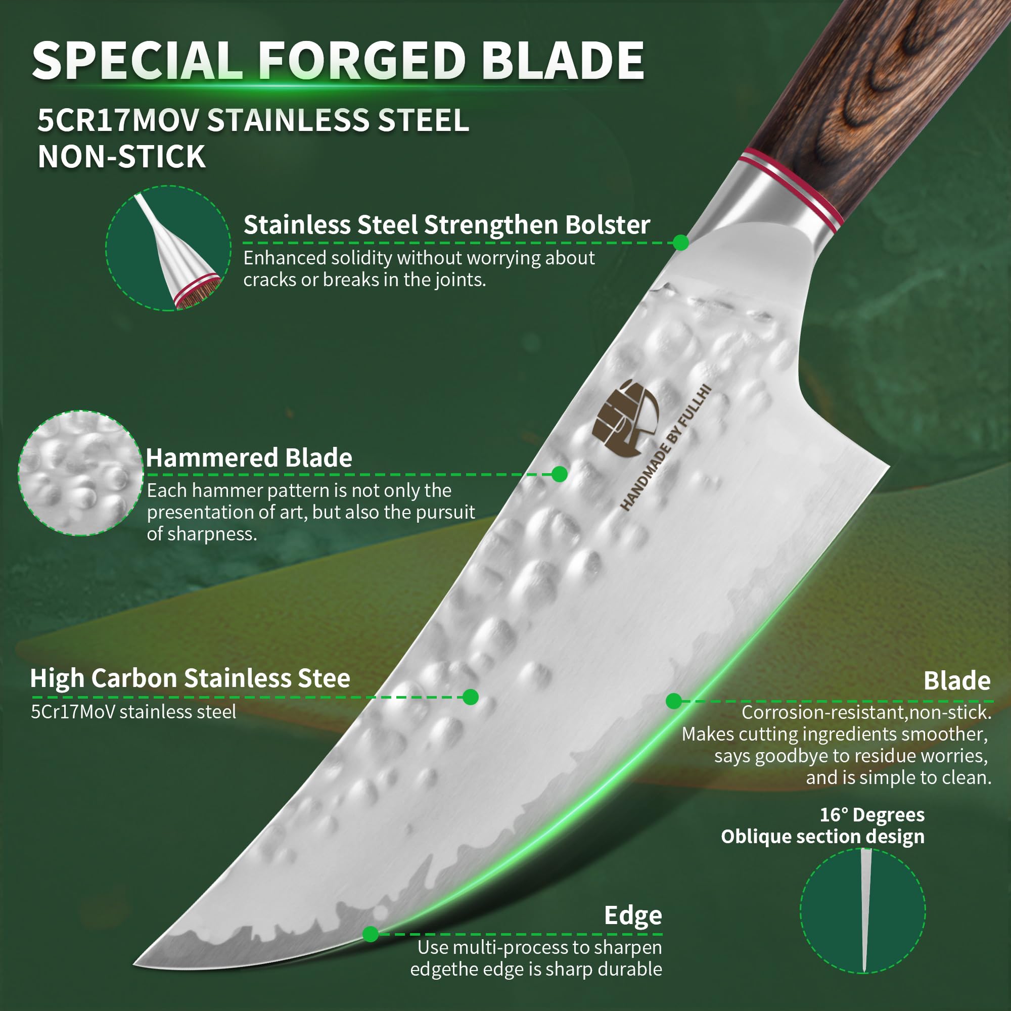 FULLHI Coltello da cucina a lama martellata con protezione, coltelli da chef antiaderenti, coltello giapponese con manico in legno Pakka, coltelli da cucina in acciaio inox con fodero (170mm)