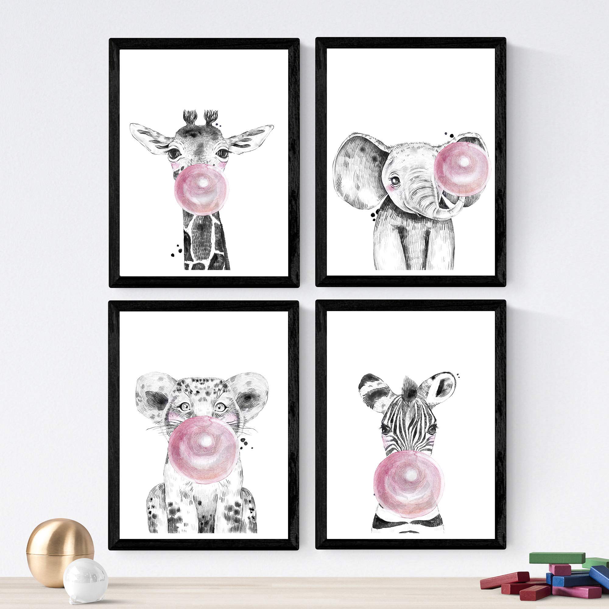 4 láminas de animales infantiles Nacnic A3 con chicle rosa, póster de papel sin marco