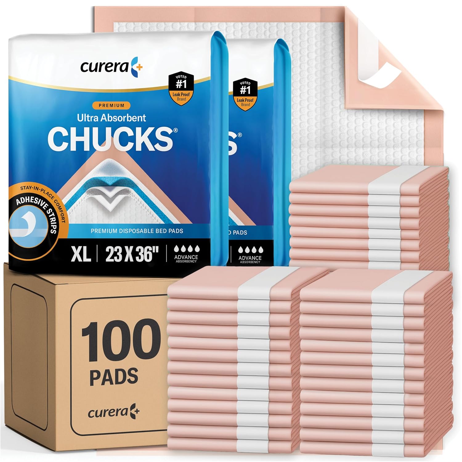 Curera Chucks Premium Disposable Underpads 23”x36” [100-Count] Ultra Absorbent Chux Incontinence Bed Pads Disposable Adult with Adhesive Tape, Pee Pads Pet Training Pads X-Large 23x36 Bulk Pack