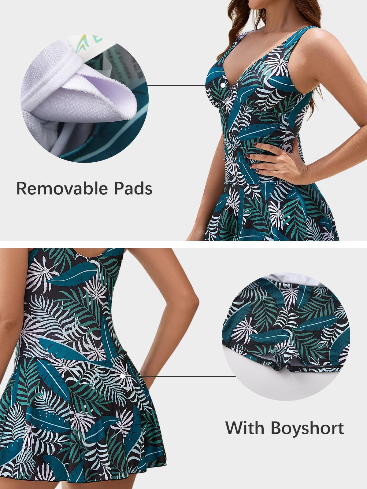 Ecupper Maillot de Bain Femme 1 Pieces Gainant Ventre Plat Jupette Grande Taille Swimsuit Robe de Bain avec Coussinets