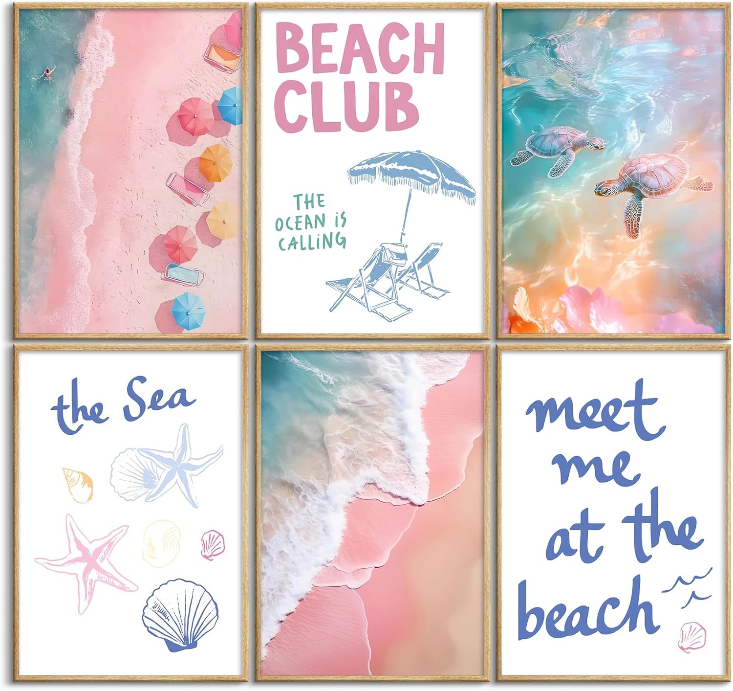 6Pcs Pink Coastal Beachy Wall Art Coastal Granddaughter Ocean Preppy Room Wall Decor Beach Aesthetic Paintings Pictures Posters Prints Artwork for Teen Girls Dorm Home Decoration(12x16 in Poster)