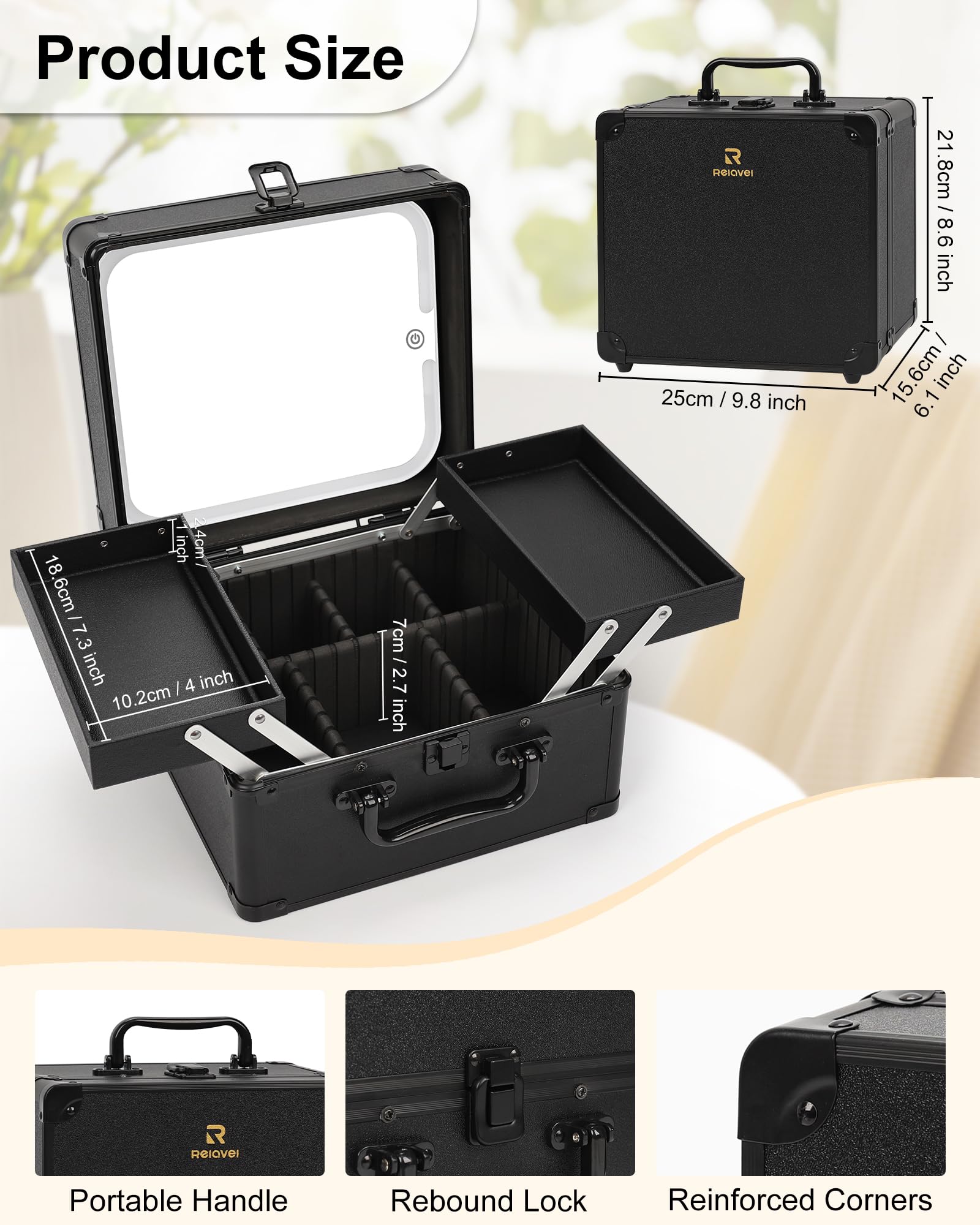 Chomeiu Make-up-Tasche mit Spiegel, Reise-Zugkoffer, großer Kosmetik-Organizer mit 2 Ablagen und Kosmetikspiegel mit LED-Lichtern, Pinselhalter, Aufbewahrungsbox, Koffer für Nagelsets, Kosmetik