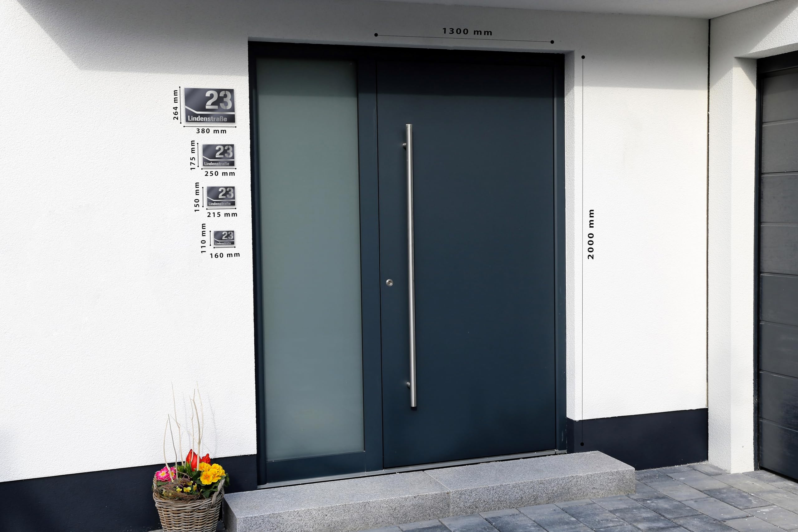 targhetta due righe per esterni – 215x150 mm, bianco, acciaio inox V2A (AISI 304), numero + testo personalizzabili