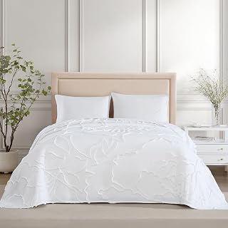 ELLE Decor Queen Cotton Chenille Bedspread, Floral Pattern, White