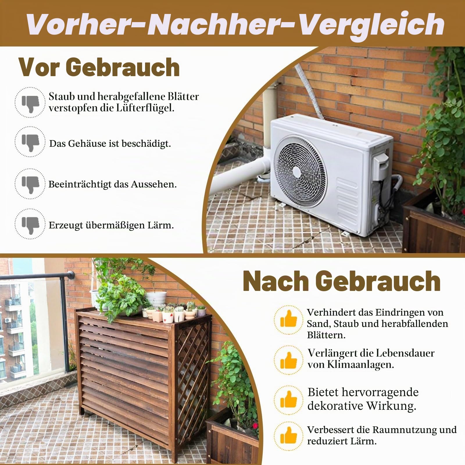 Klimaanlage Abdeckung Holz Wärmepumpe Verkleidung Balkon Sichtschutz Holz Blumenständer Draußen Klimaanlage Abdeckung Außengerät Gartenregal Wetterfest Blumenständer Massivholz(100x44x93cm)