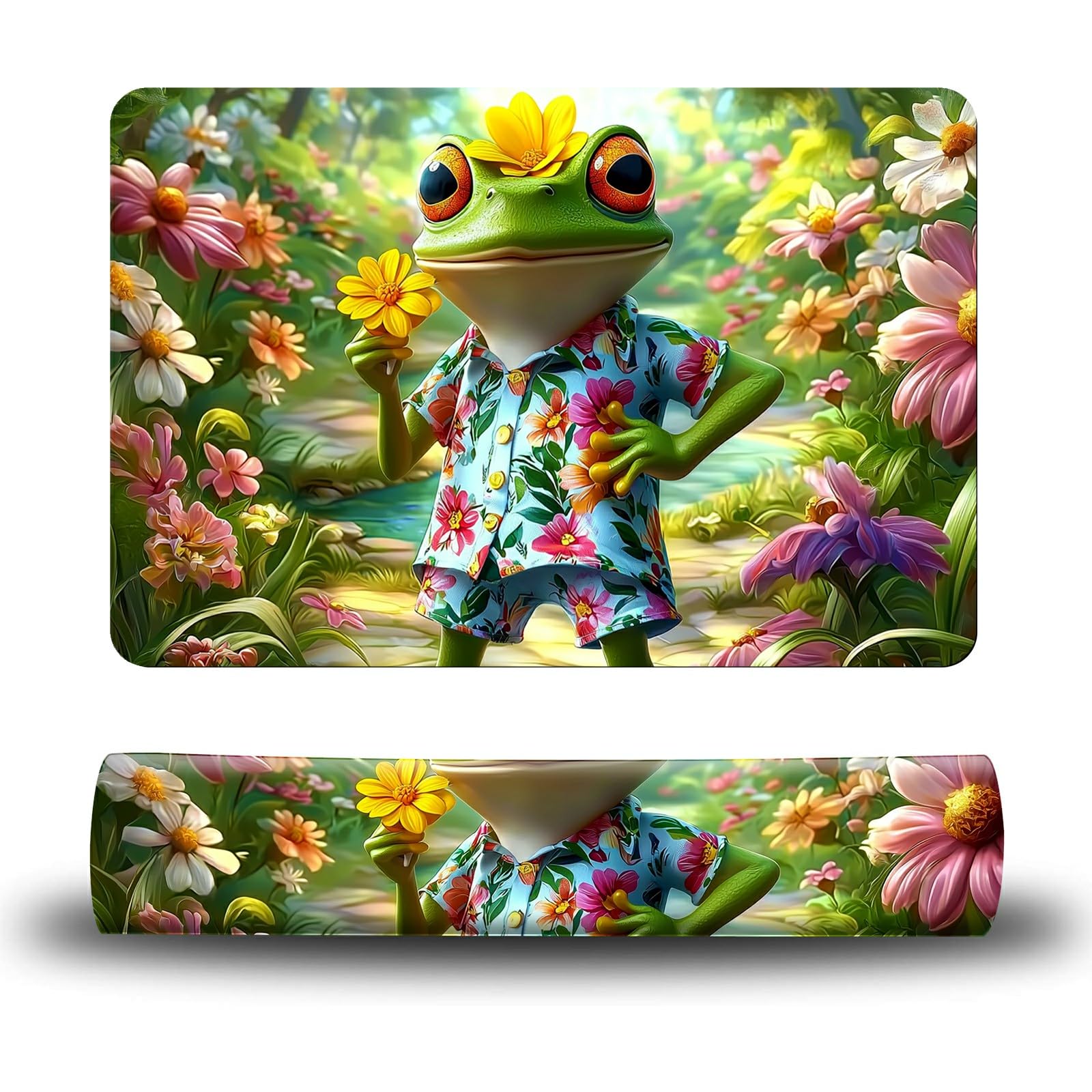 Dikoer Dog Food Mat, 19.6" x 23.6" Absorbent Pet Feeding Mat for Food and Water, Waterproof Diatom Mud Pet Placemat with Non-Slip Rubber Backing, Cat Bowl Mat for Floors - Frog Flower Summer