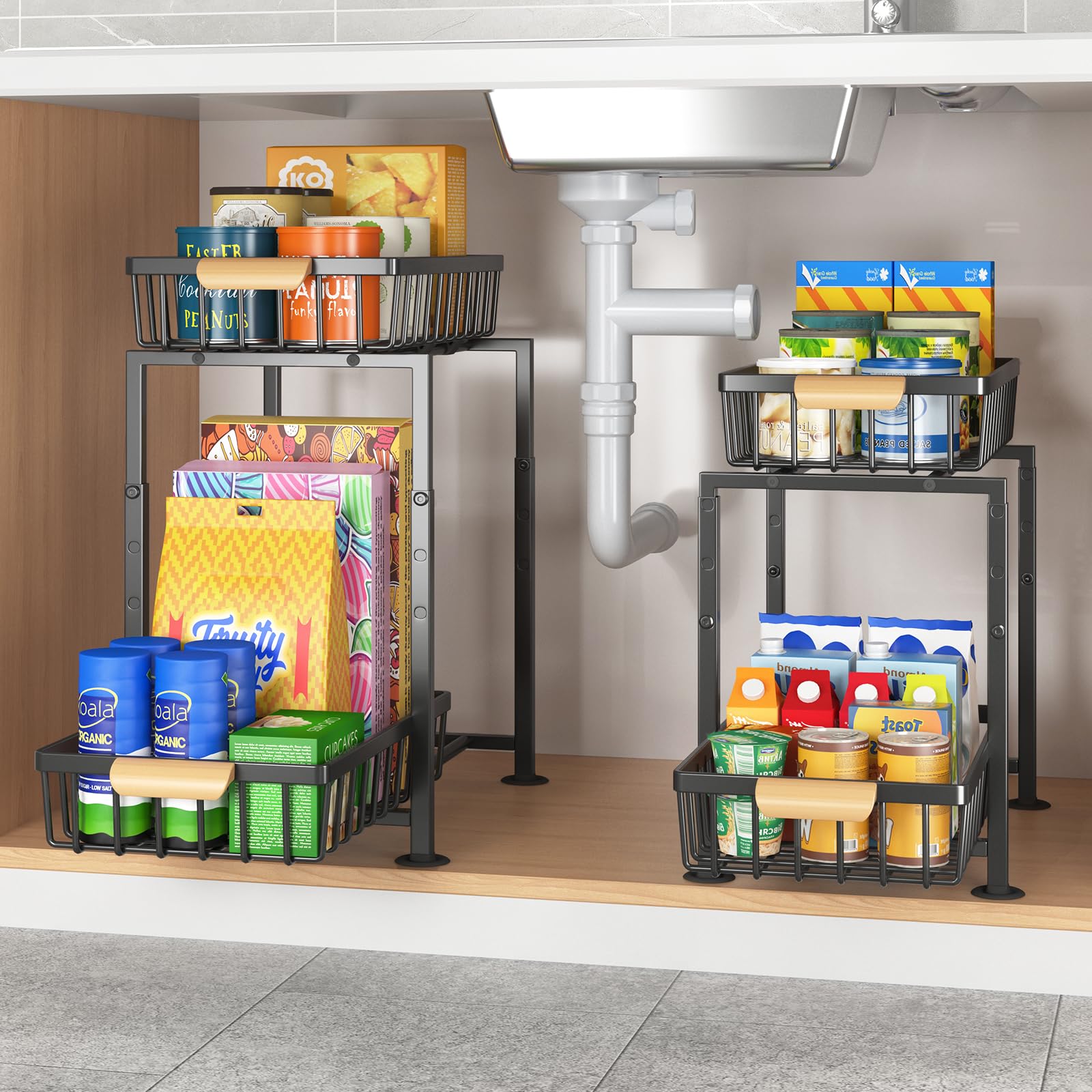 Mointal Küchenregal 2er-Set - Ausziehbare Schrankkörbe Mit Holzgriffen, Höhenverstellbar