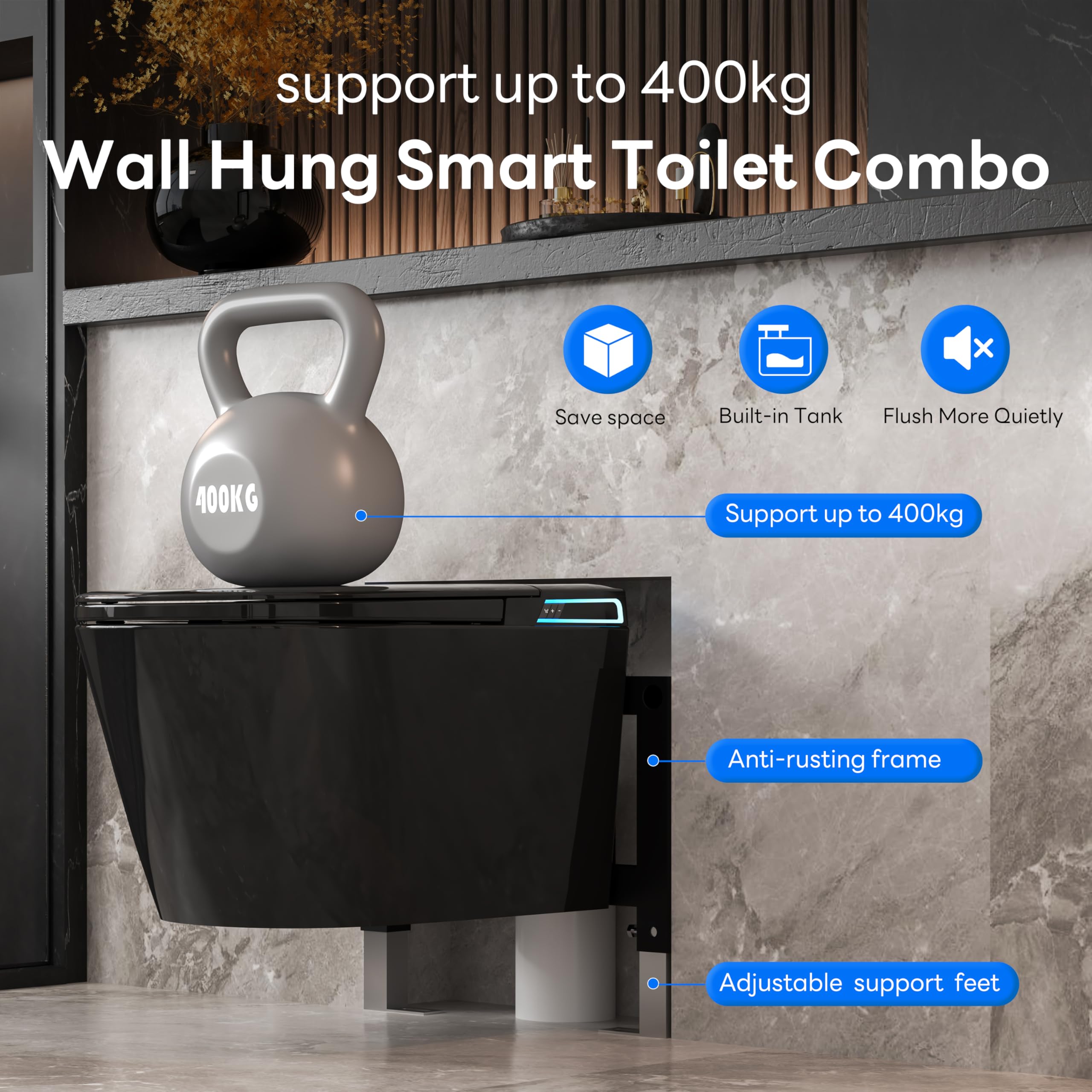 Smart WC nero da appendere alla parete, scarico automatico, coperchio con apertura e chiusura automatica, sedile riscaldato, acqua calda/asciugatrice, moderno bidet allungato con supporto a