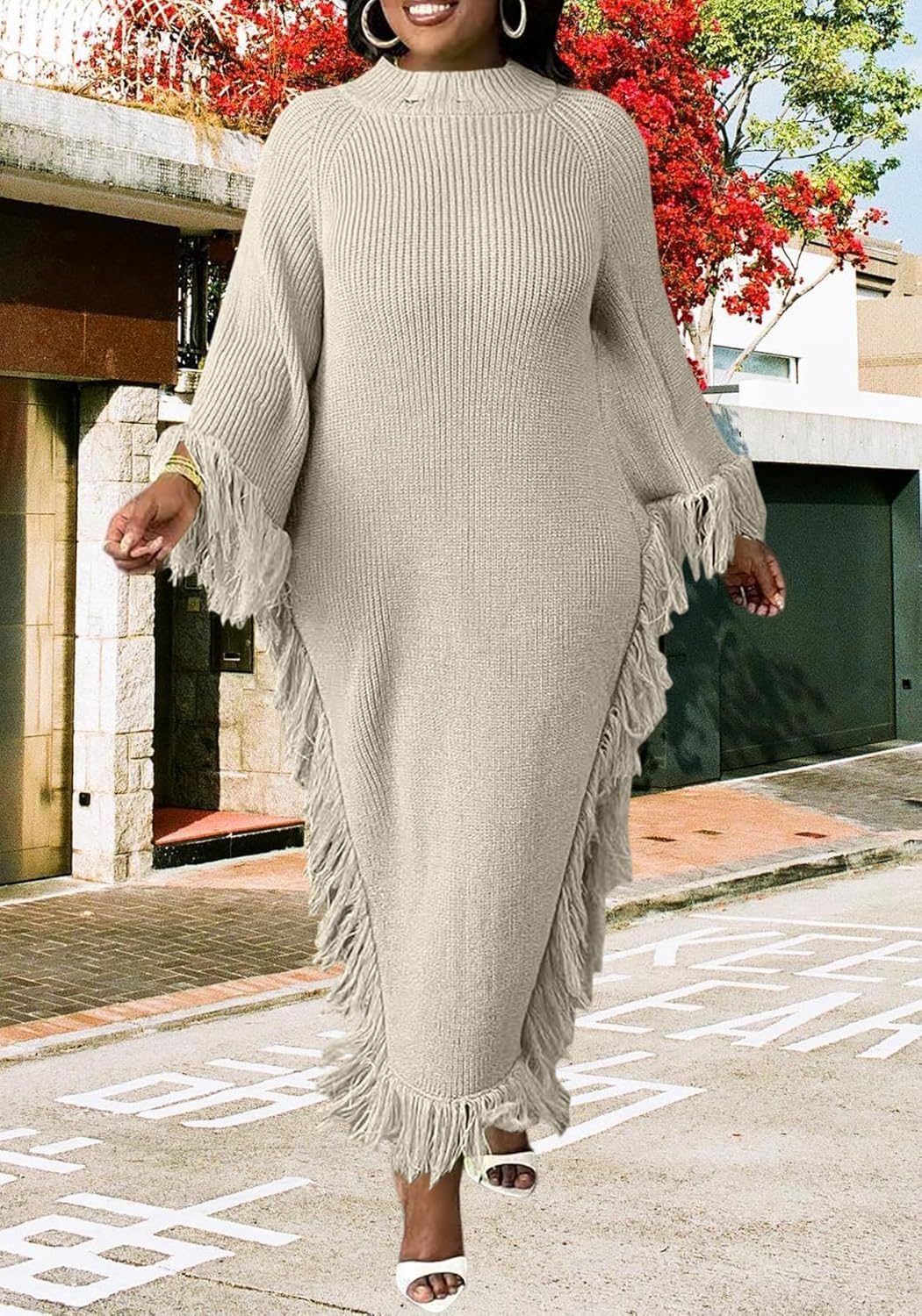Ptorlio Womens Fringe Sweater Dress Knit Plus Size Turtleneck Long Batwing Sleeve High Slit Fall Maxi Dresses - Image 3