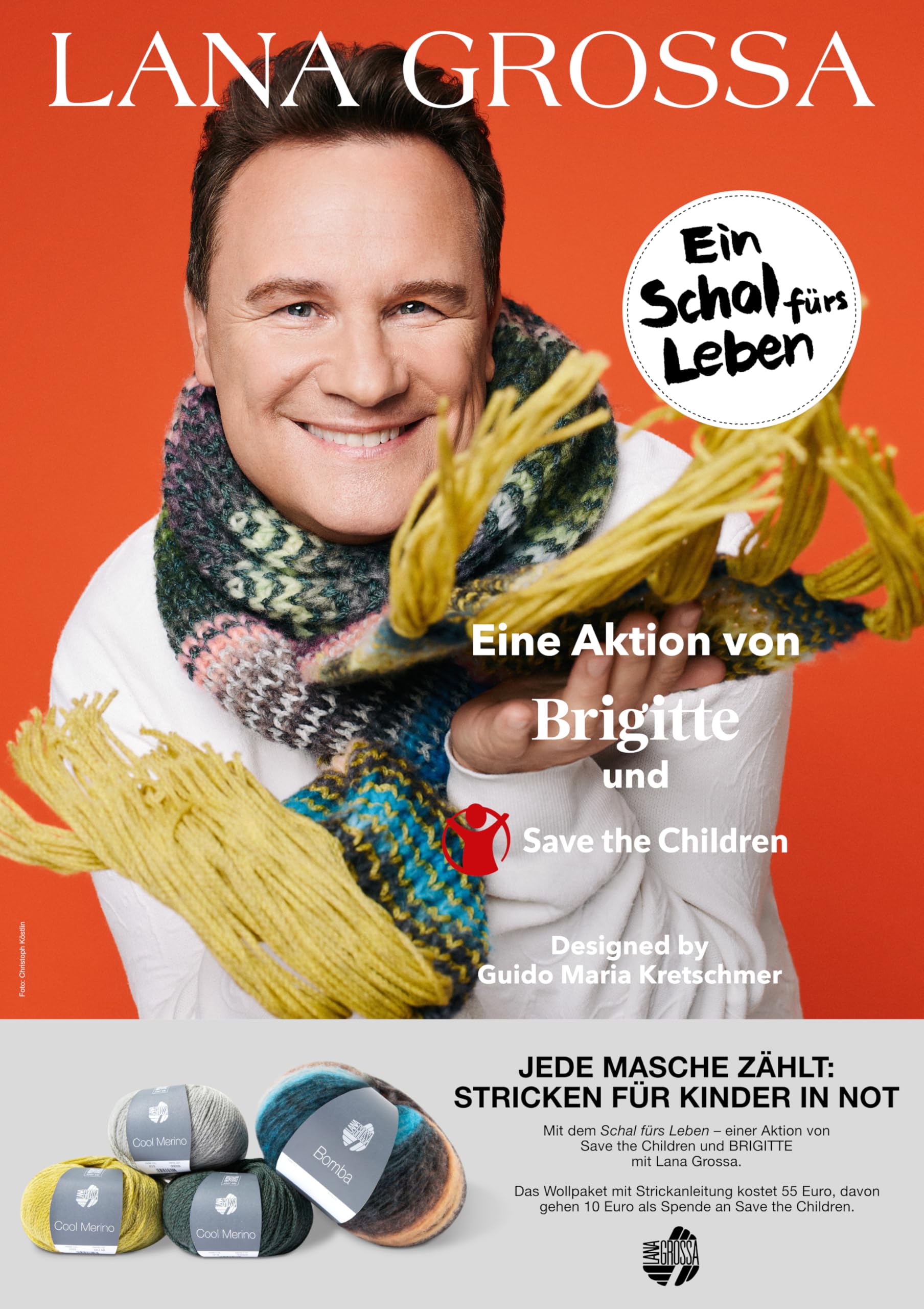 BRIGITTE & LANA GROSSA – Ein Schal fürs Leben 2025 | Charity-Strickset mit Wolle & Anleitung | Strickpaket mit 4 Garnen für den Wohlfühlschal | Aktion zugunsten von Save the Children