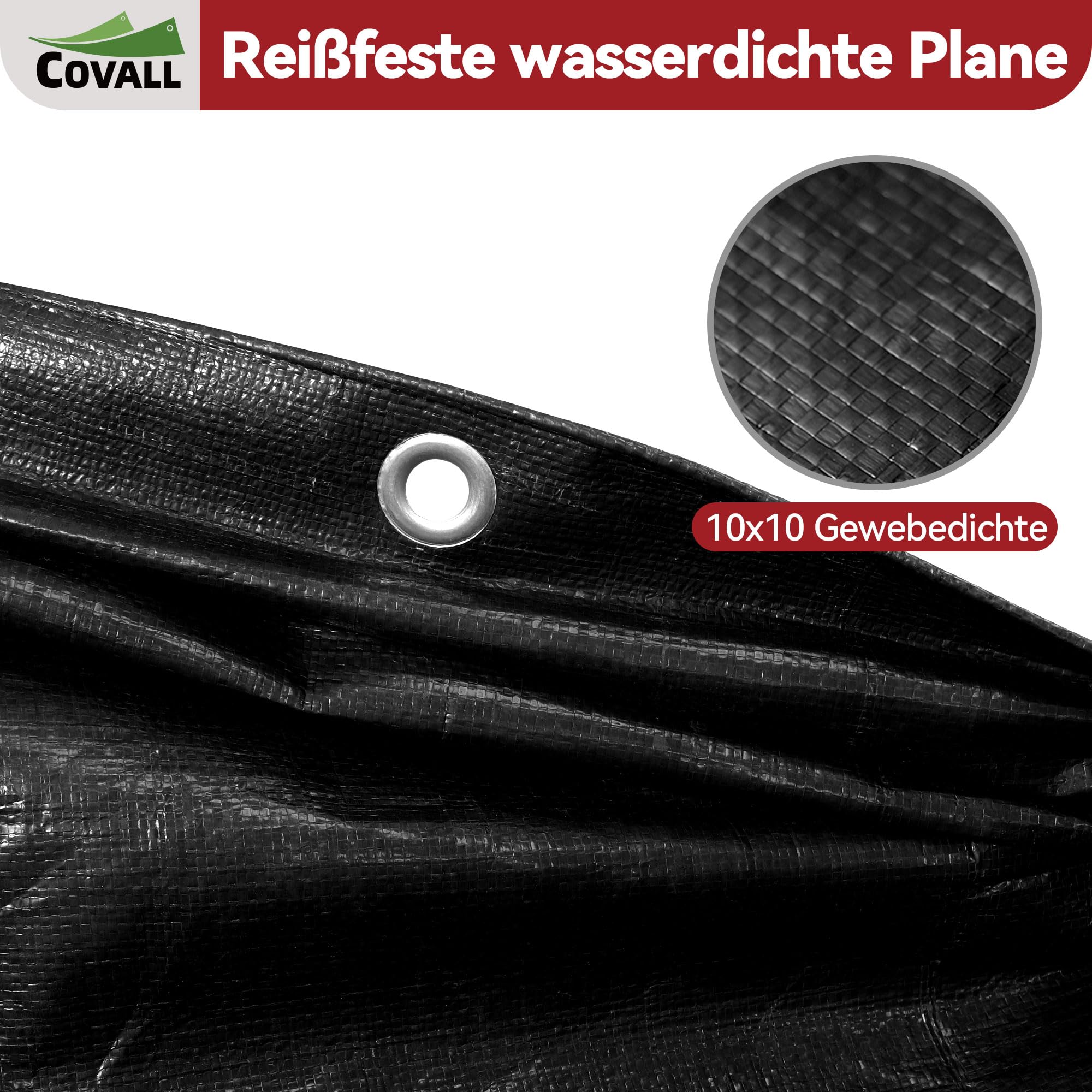 Abdeckplane 2x2m Schwarz Plane Wasserdicht | 115g/m² Stark & Verschleißfest | Wasserdicht UV-beständig Reißfest | PE-Plane Mit Ösen Für Camping, Garten, Auto & Trampolinabdeckung
