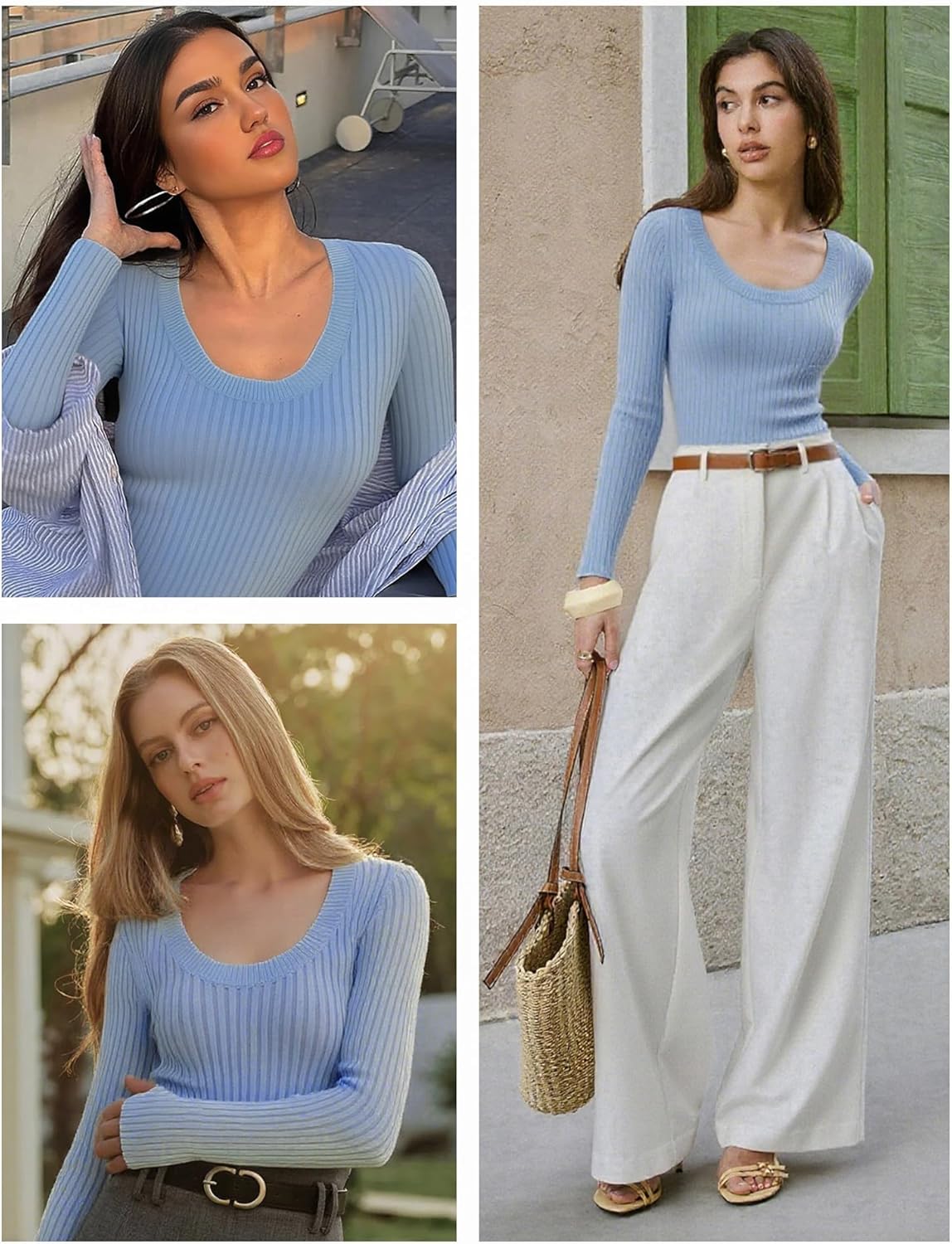 v28 Women Scoop Neck U-Neck Knit Long Sleeve Slim Fit Ribbed Sweater Tops - Image 4