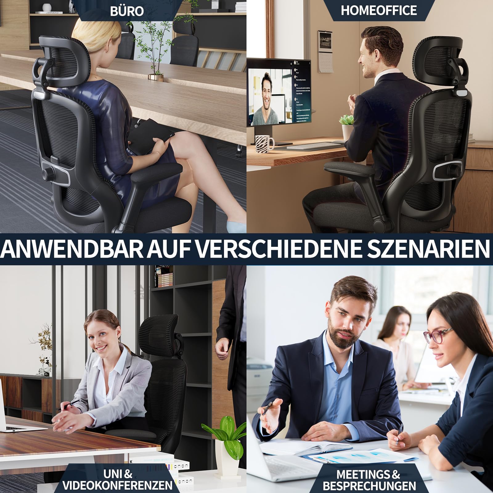 TRALT Bürostuhl Ergonomisch - Bürostuhl - Gaming Stuhl mit Verstellbare Kopfstütze Lordosenstütze Home Office Desk Chair - Schreibtischstuhl Computerstuhl für Große Menschen Mesh-Stuhl 150kg Schwarz