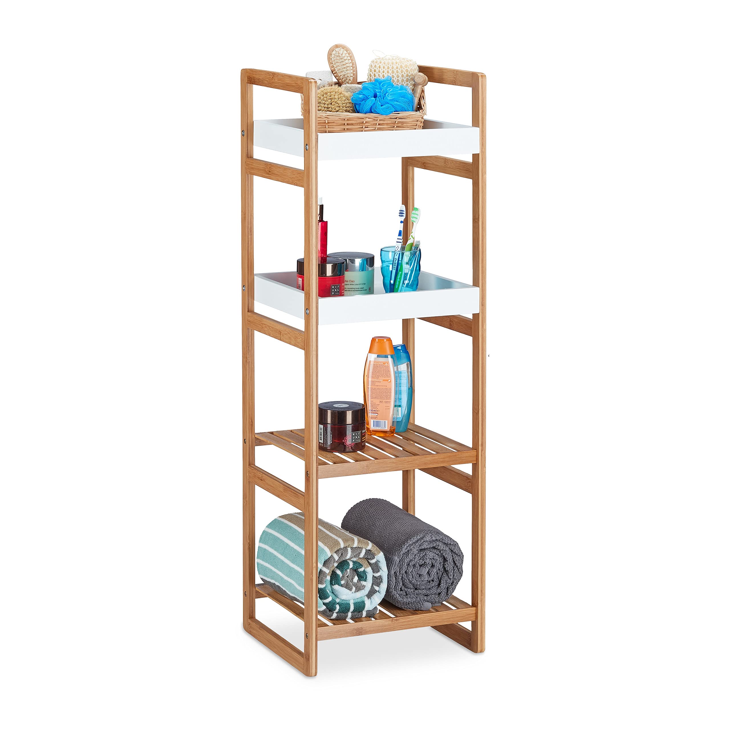 Relaxdays Scaffale Bagno, 4 Mensole, Design Aperto in bambù, Libreria, Cucina, HLP: 110x36x33 cm, Aspetto Legno/Bianco
