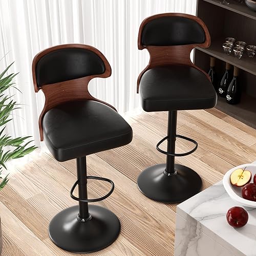 Miniatura 7 de Nalupatio Juego de 2 taburetes de bar con altura ajustable de 24.5 a 33.5 pulgadas, taburetes de bar giratorios de madera curvada con respaldo y