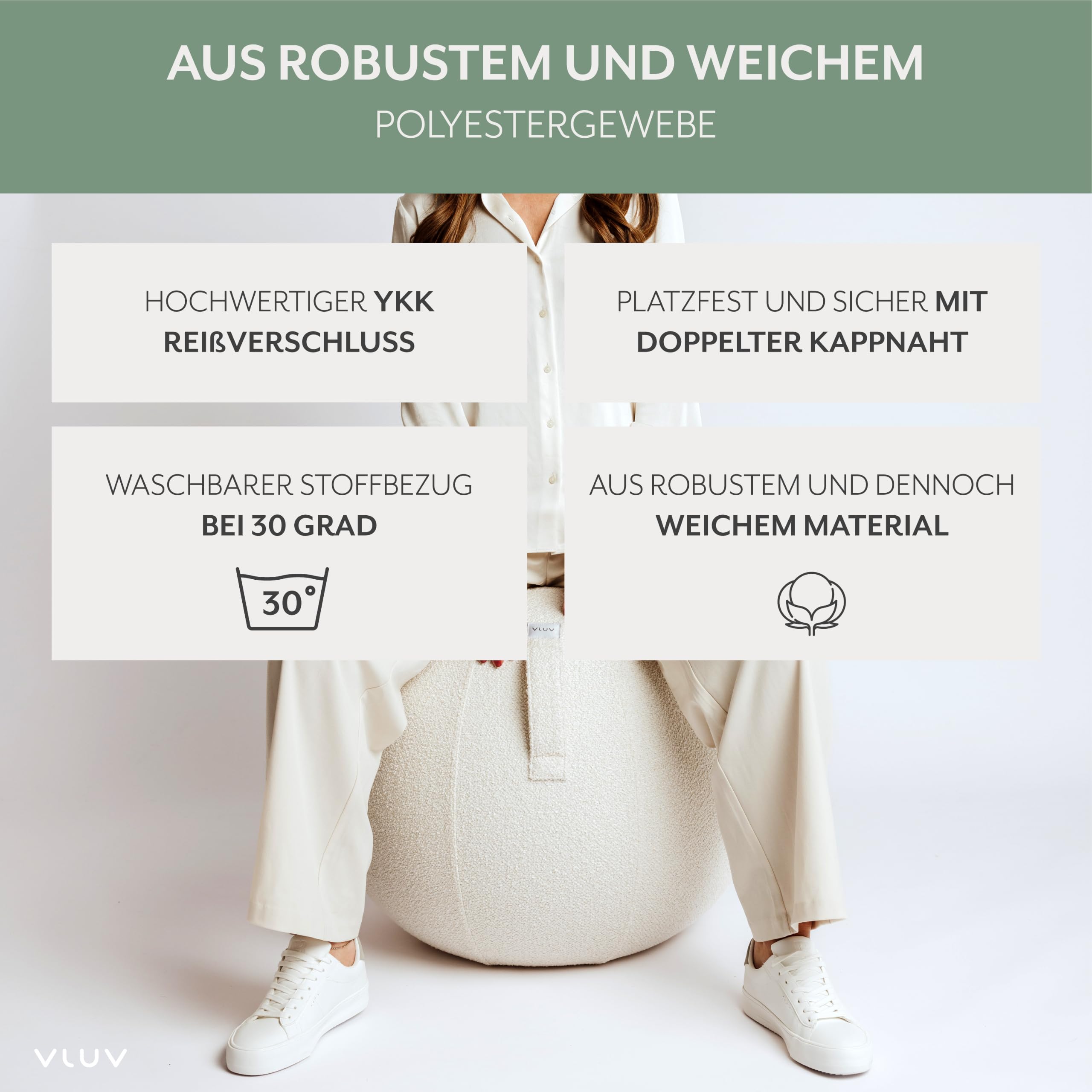 VLUV® BOL Diva Sitzball mit Bouclé Stoffbezug White (Weiß) Ø 60-65cm