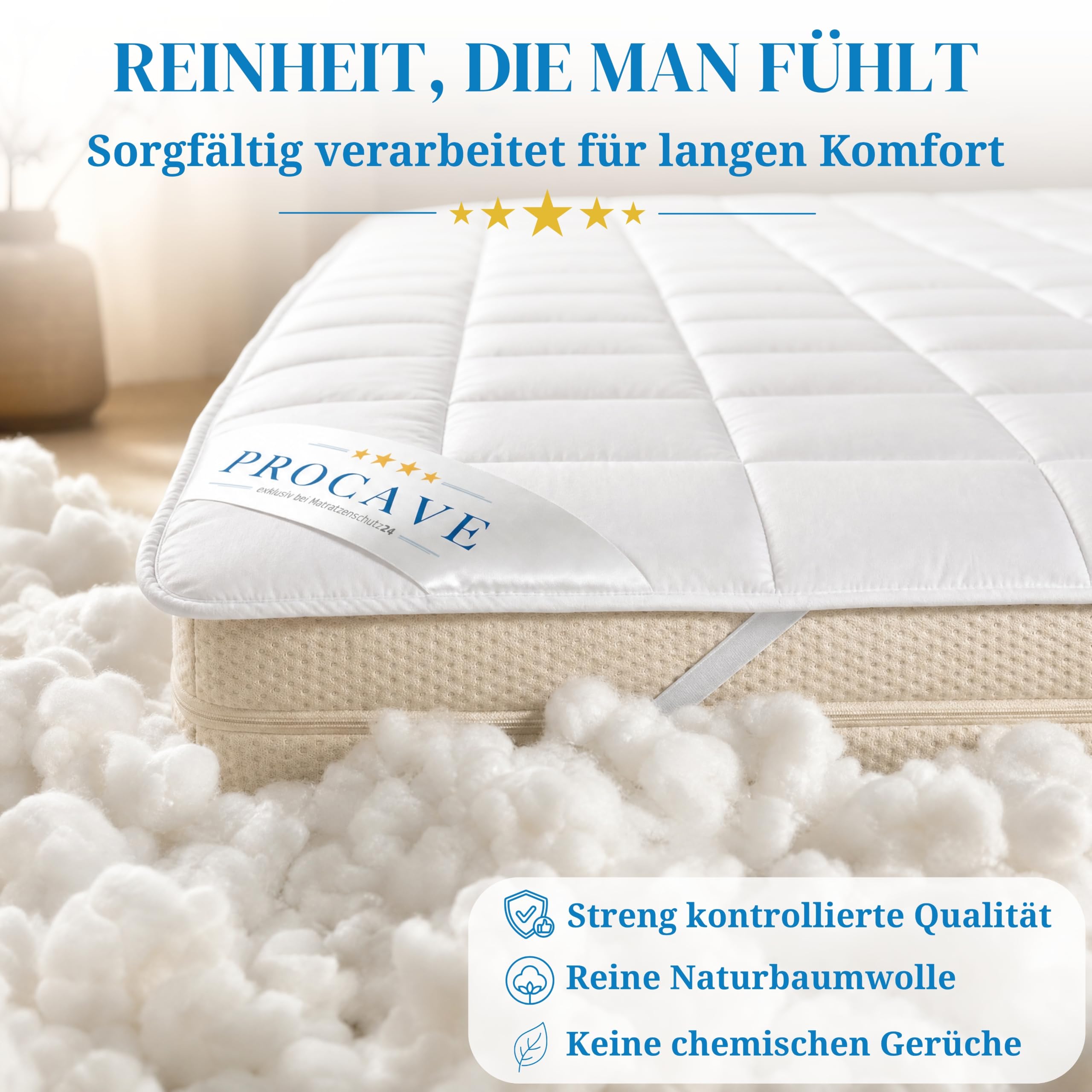 PROCAVE weiches Unterbett aus 100% Baumwolle, atmungsaktiver Matratzen-Schoner, hochwertige Matratzentopper, Matratzen-Auflage 140x200 cm