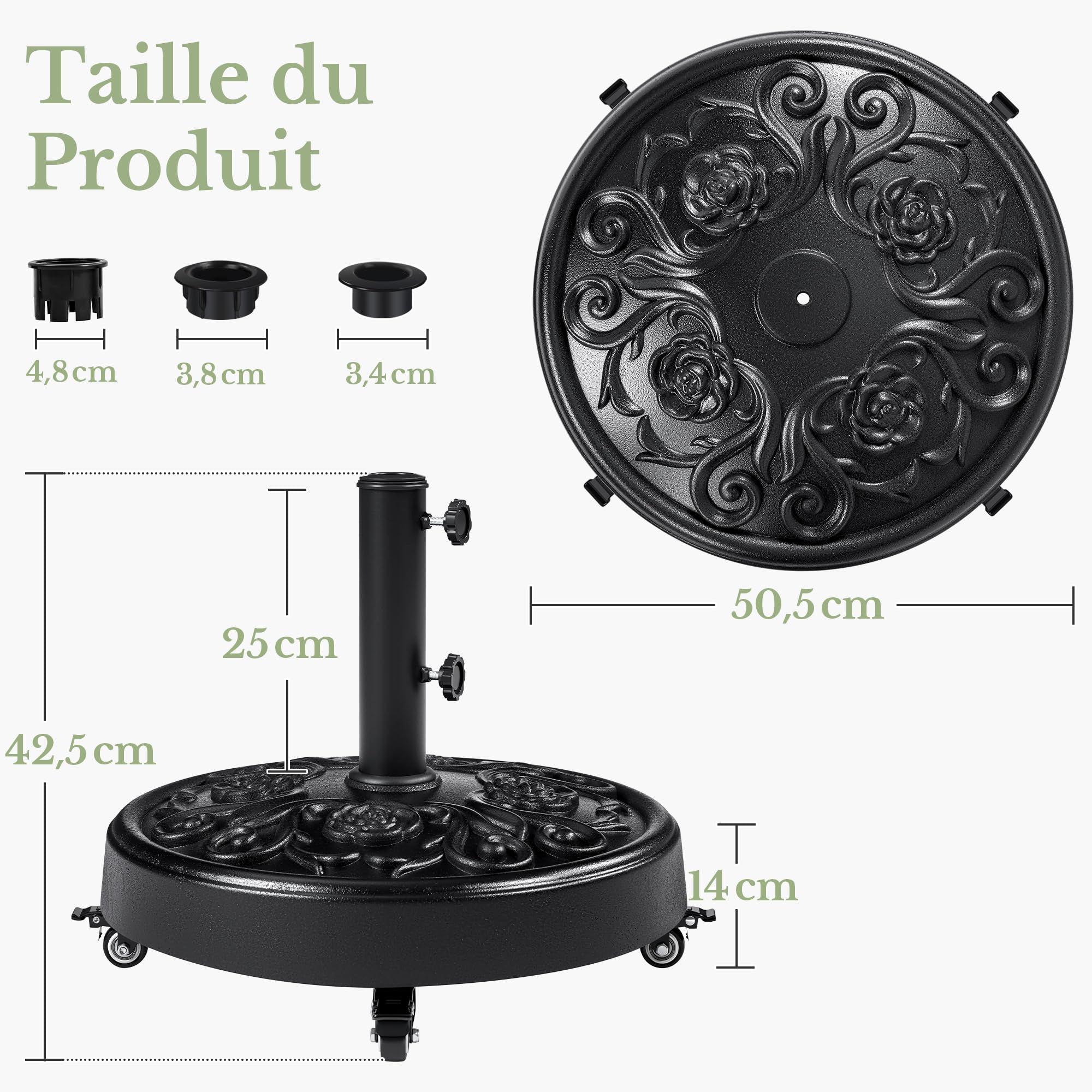 Yaheetech Pied de Parasol à roulettes 25 KG, Base de Parasol Vintage à Motif Rose pour Mât de Ø 34mm/38mm/48mm du Parasol, Support Pied Parasol pour Jardin, Terrasse, Plage (Noir)